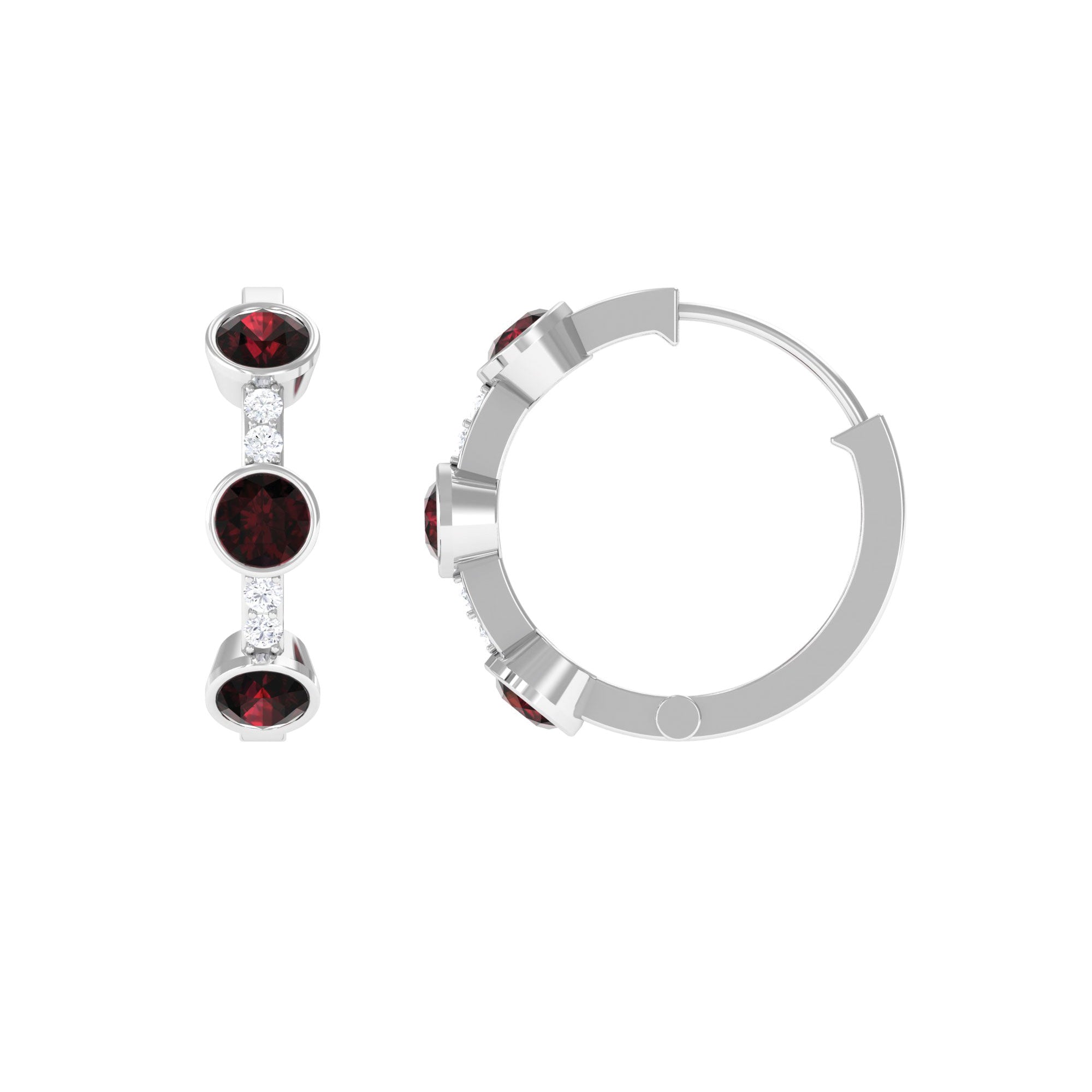 Bezel Set Garnet and Diamond Hinged Hoop Earrings AAA - Rosec Jewels