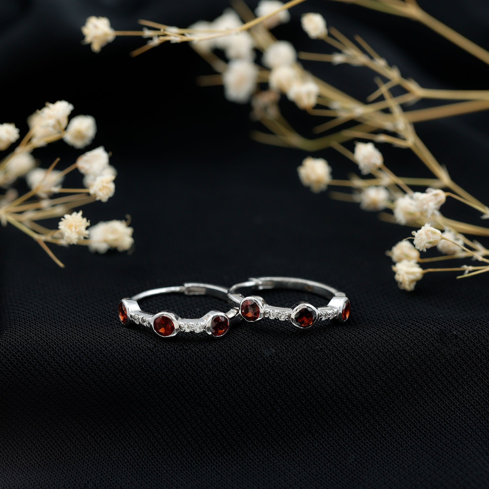 Bezel Set Garnet and Diamond Hinged Hoop Earrings AAA - Rosec Jewels