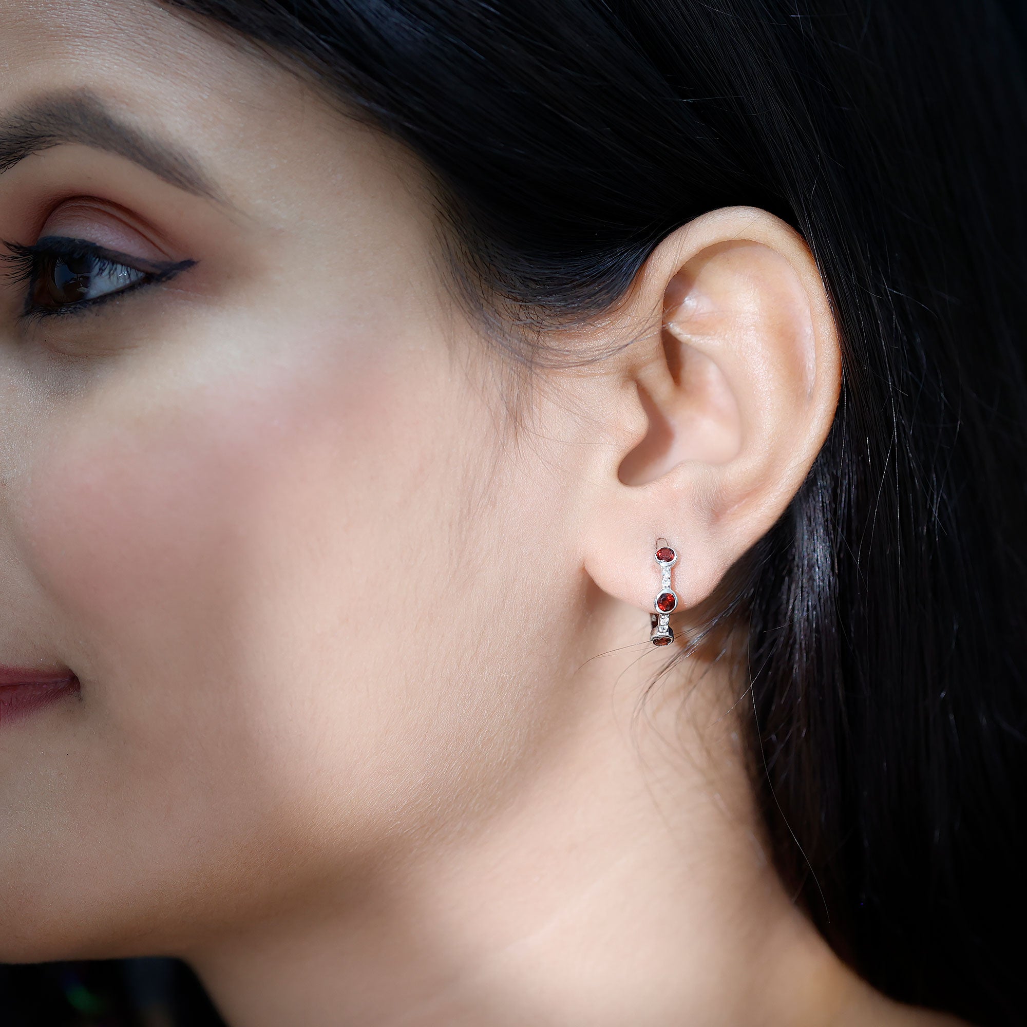 Bezel Set Garnet and Diamond Hinged Hoop Earrings AAA - Rosec Jewels