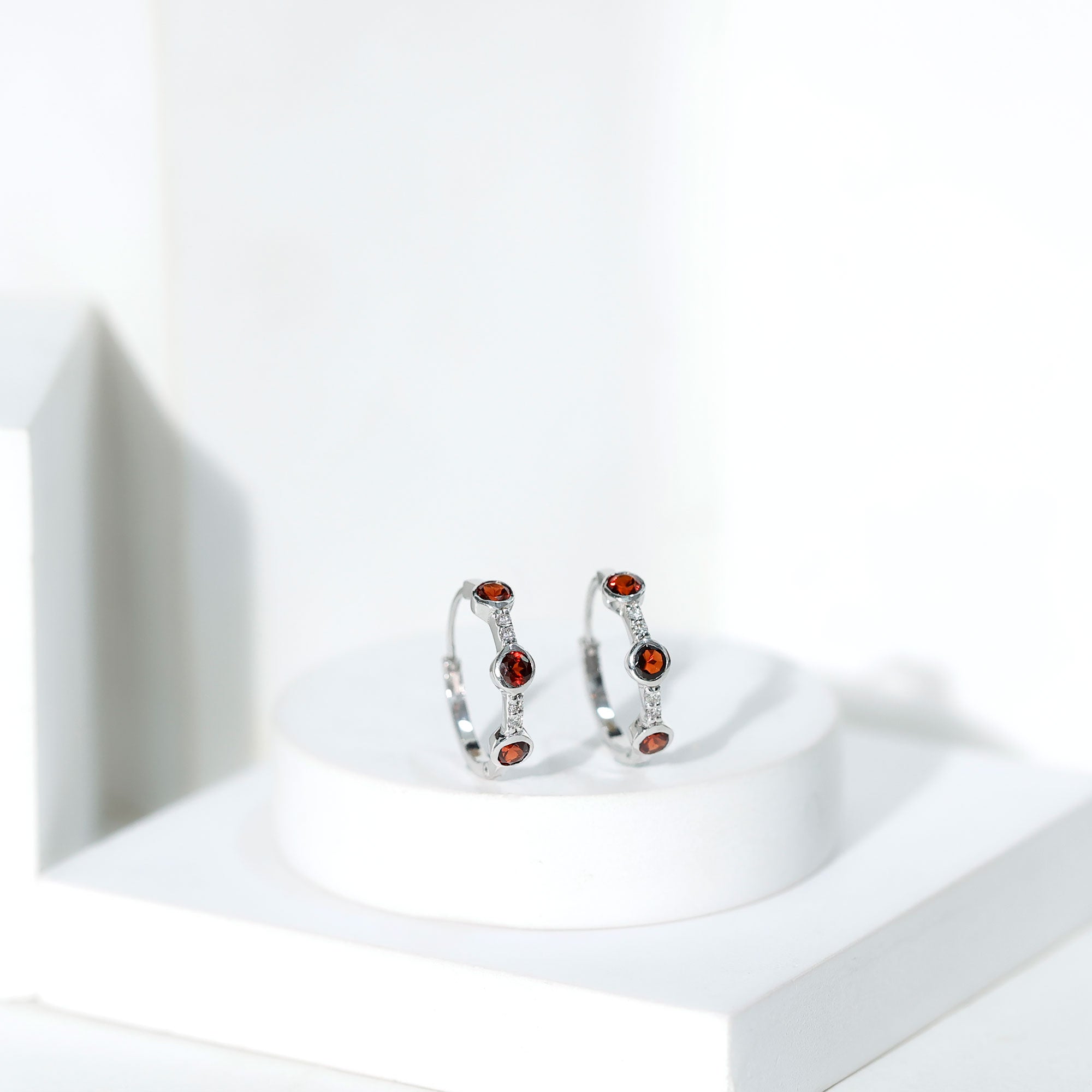 Bezel Set Garnet and Diamond Hinged Hoop Earrings AAA - Rosec Jewels