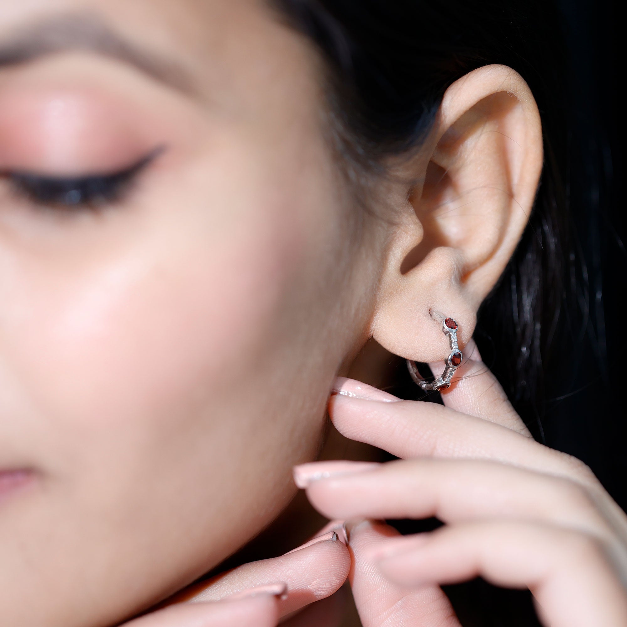 Bezel Set Garnet and Diamond Hinged Hoop Earrings AAA - Rosec Jewels