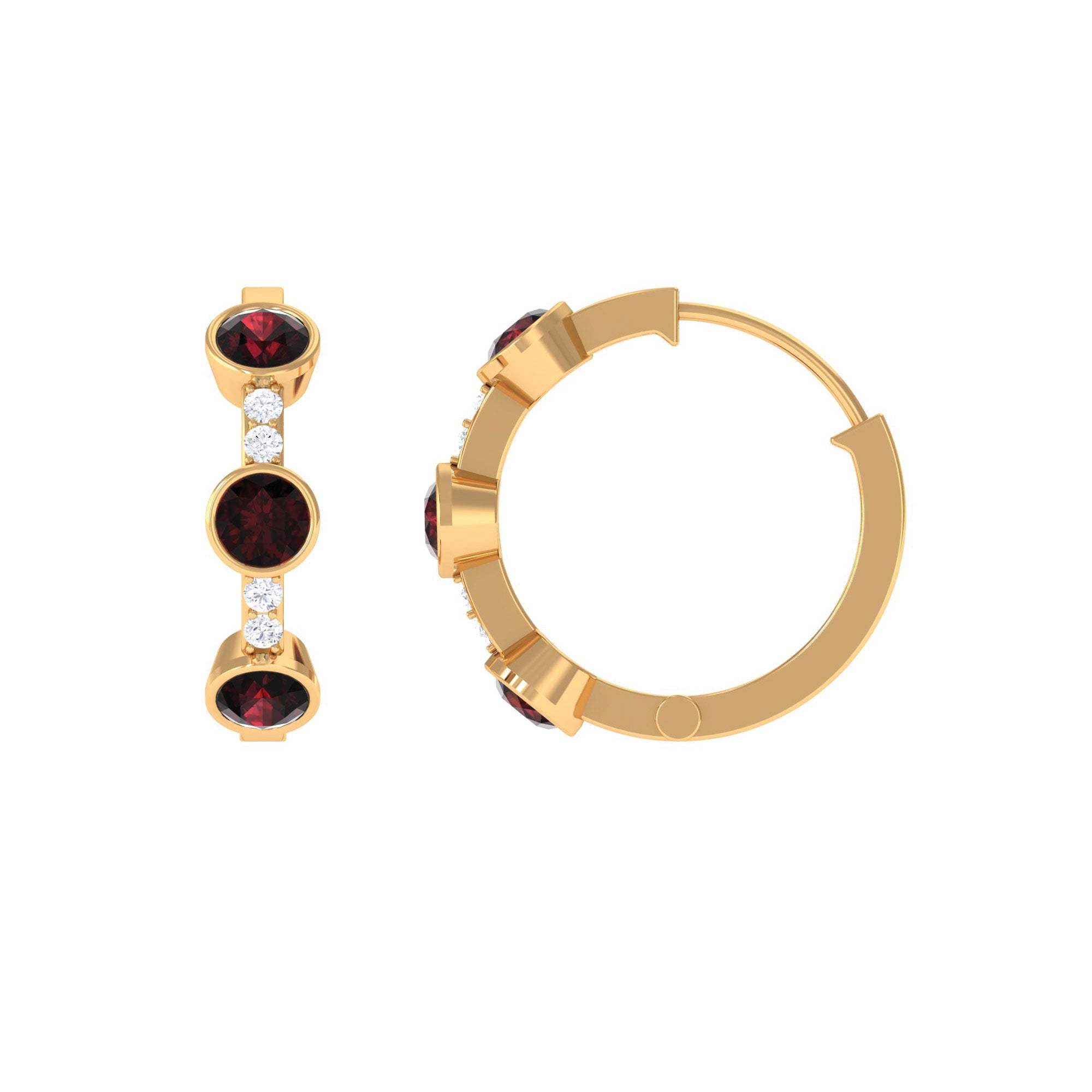 Bezel Set Garnet and Diamond Hinged Hoop Earrings AAA - Rosec Jewels