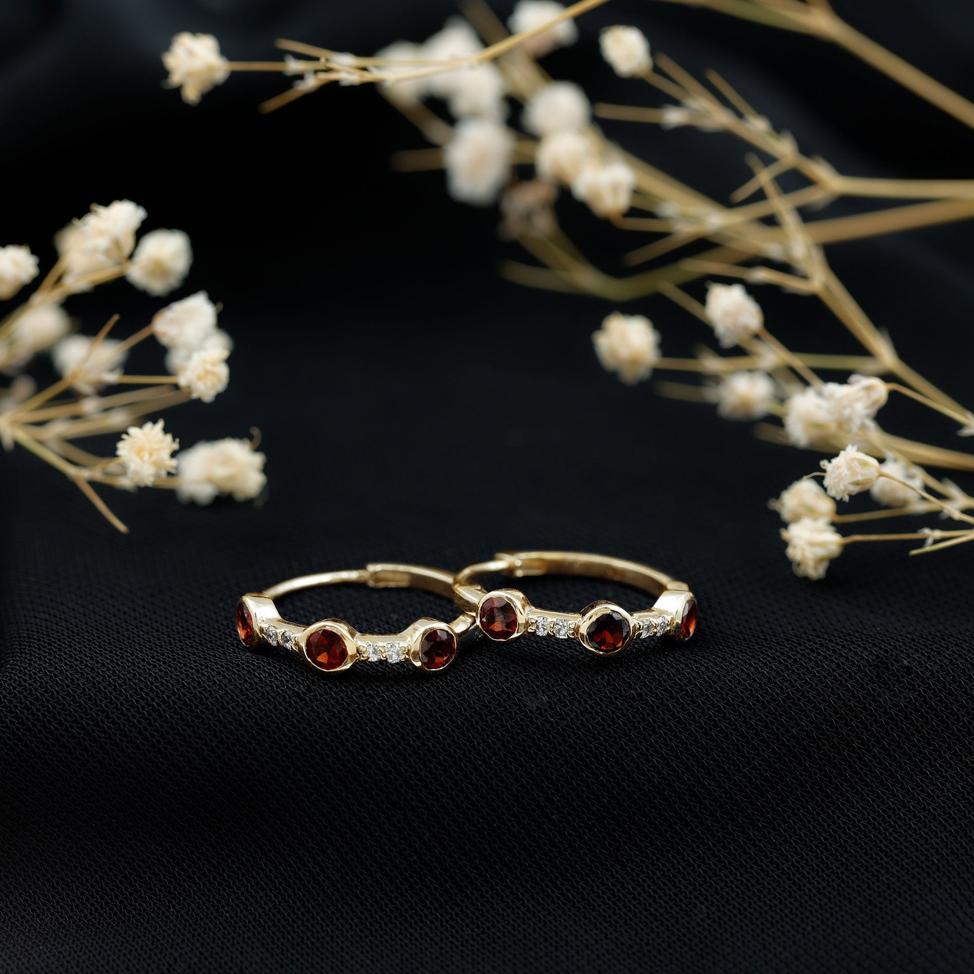 Bezel Set Garnet and Diamond Hinged Hoop Earrings AAA - Rosec Jewels