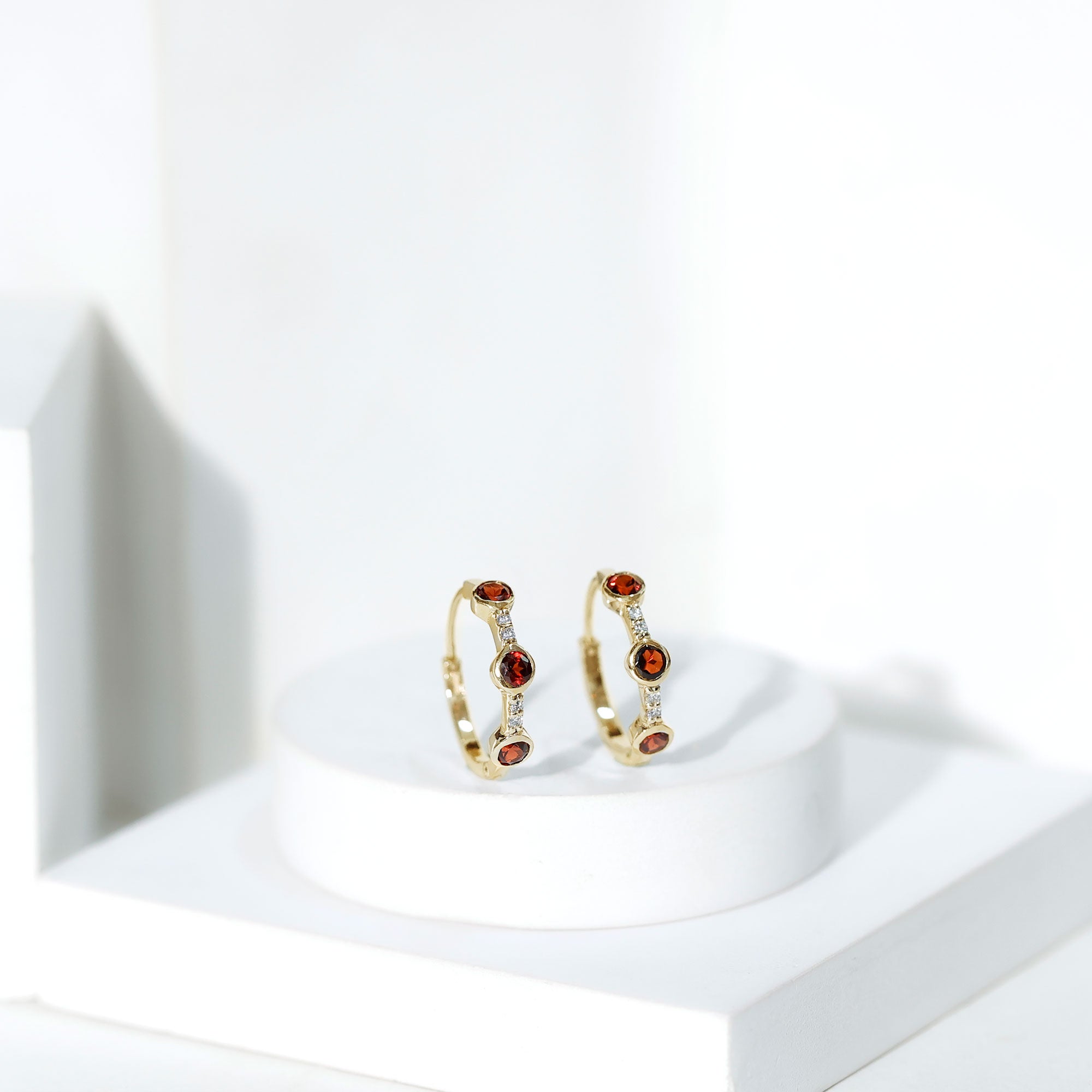 Bezel Set Garnet and Diamond Hinged Hoop Earrings AAA - Rosec Jewels