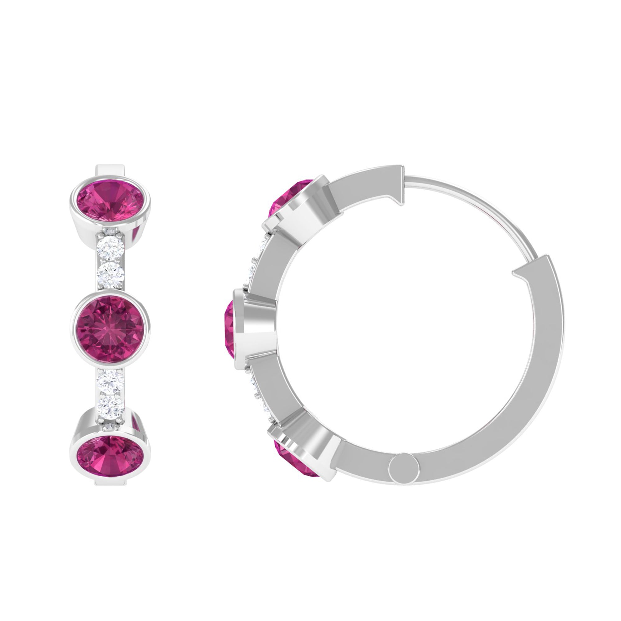 Bezel Set Pink Tourmaline Hinged Hoop Earrings with Diamond AAA - Rosec Jewels