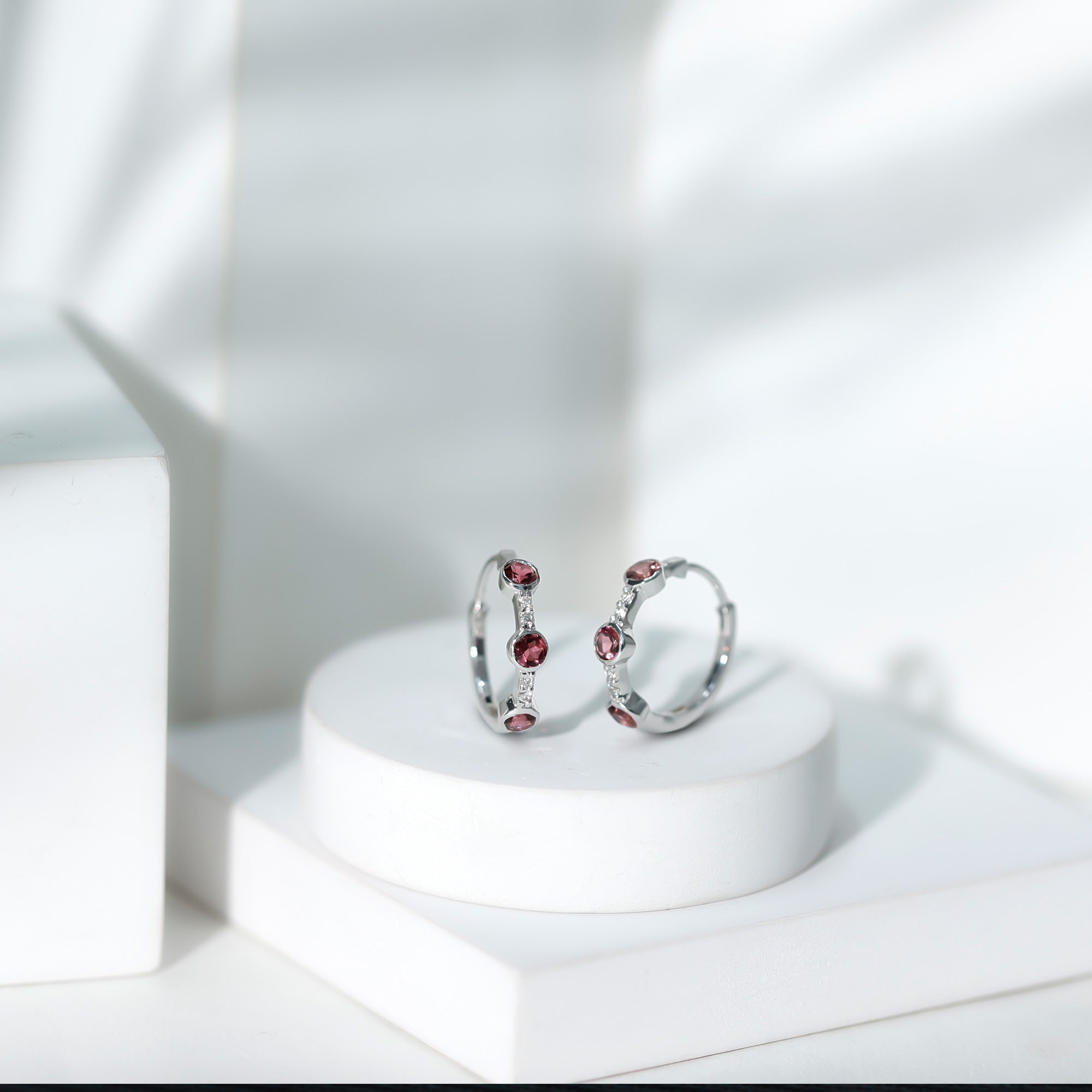 Bezel Set Pink Tourmaline Hinged Hoop Earrings with Diamond AAA - Rosec Jewels