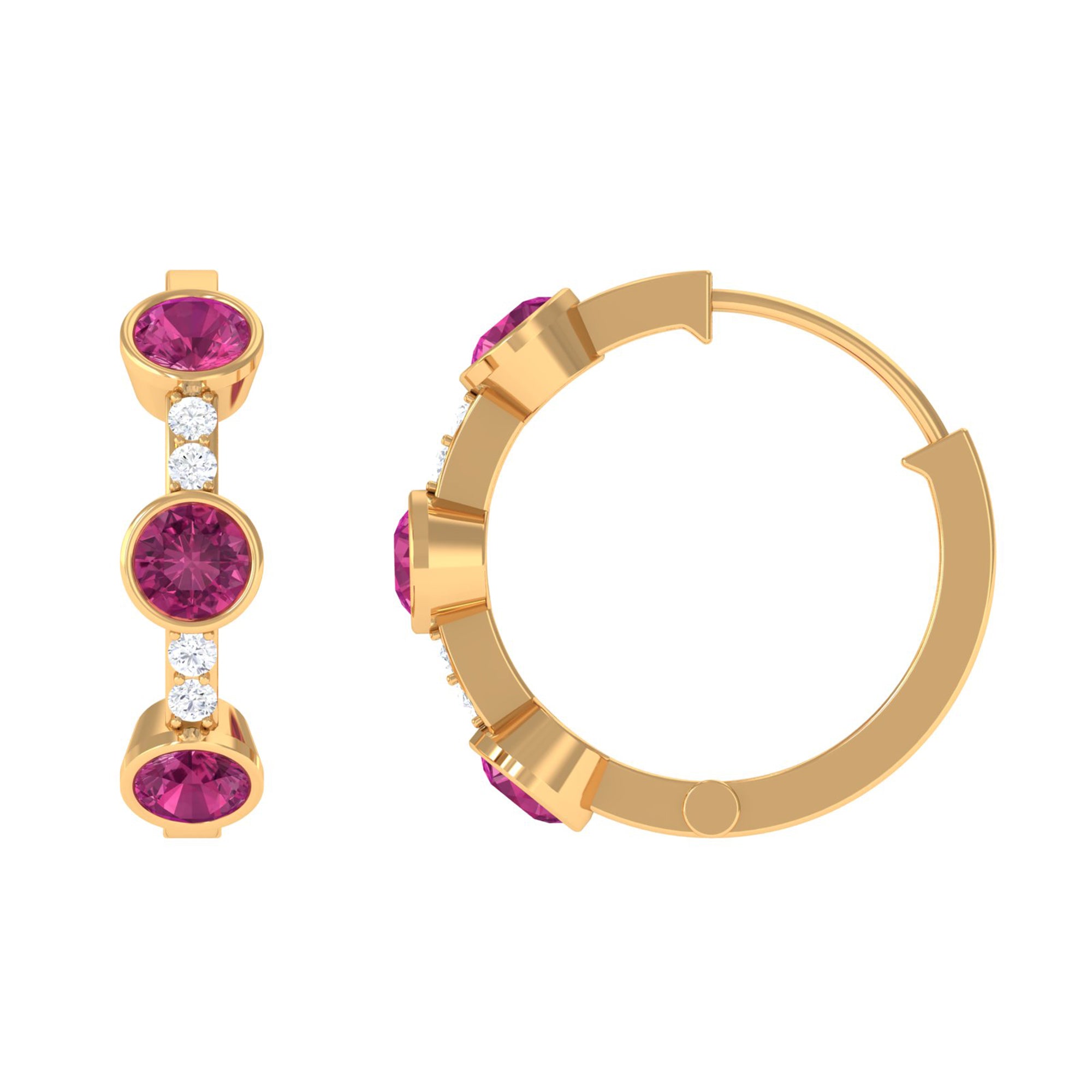Bezel Set Pink Tourmaline Hinged Hoop Earrings with Diamond AAA - Rosec Jewels