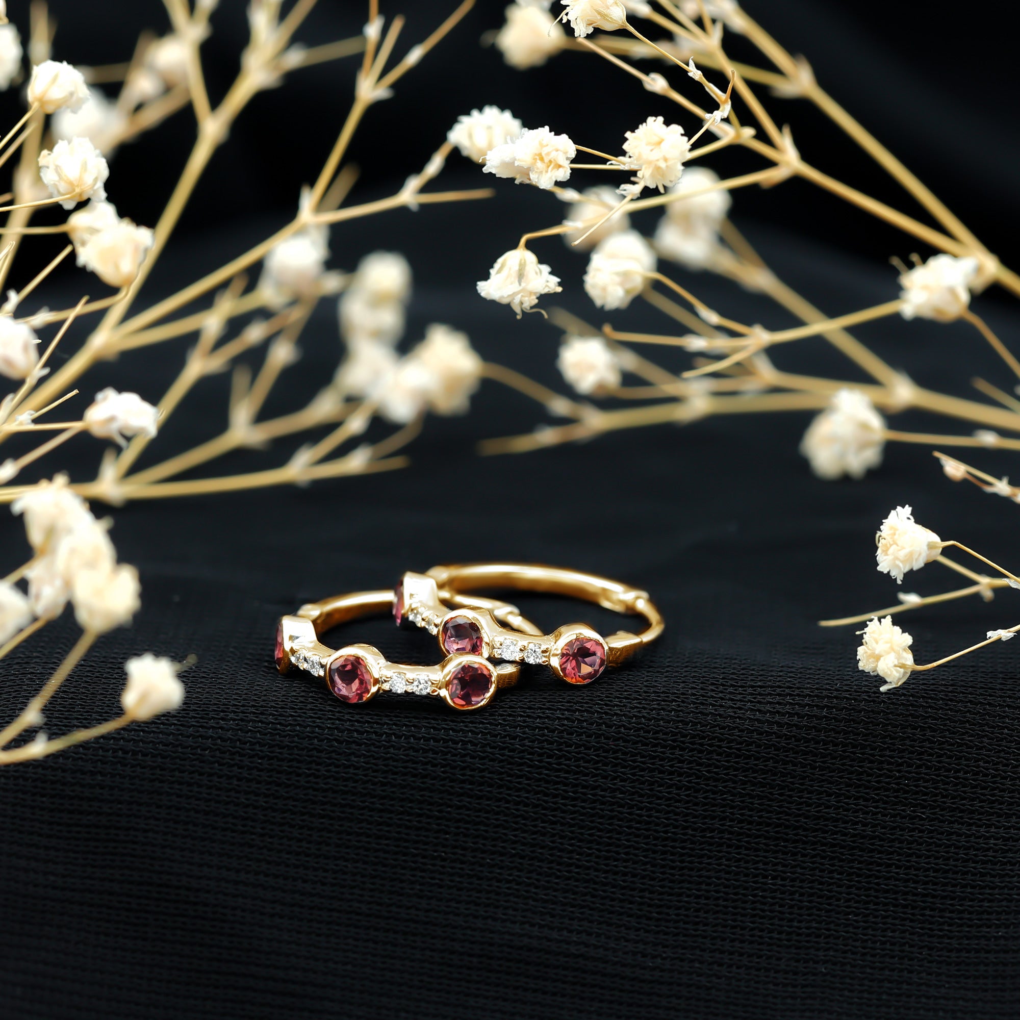 Bezel Set Pink Tourmaline Hinged Hoop Earrings with Diamond AAA - Rosec Jewels