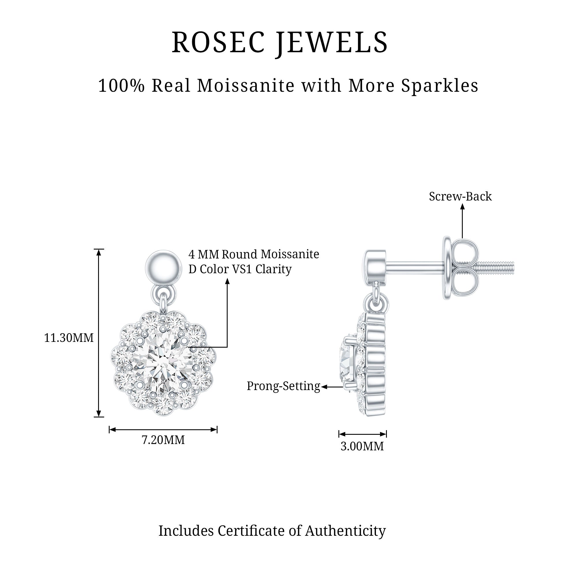 Certified Moissanite Flower Halo Drop Earrings D-VS1 - Rosec Jewels