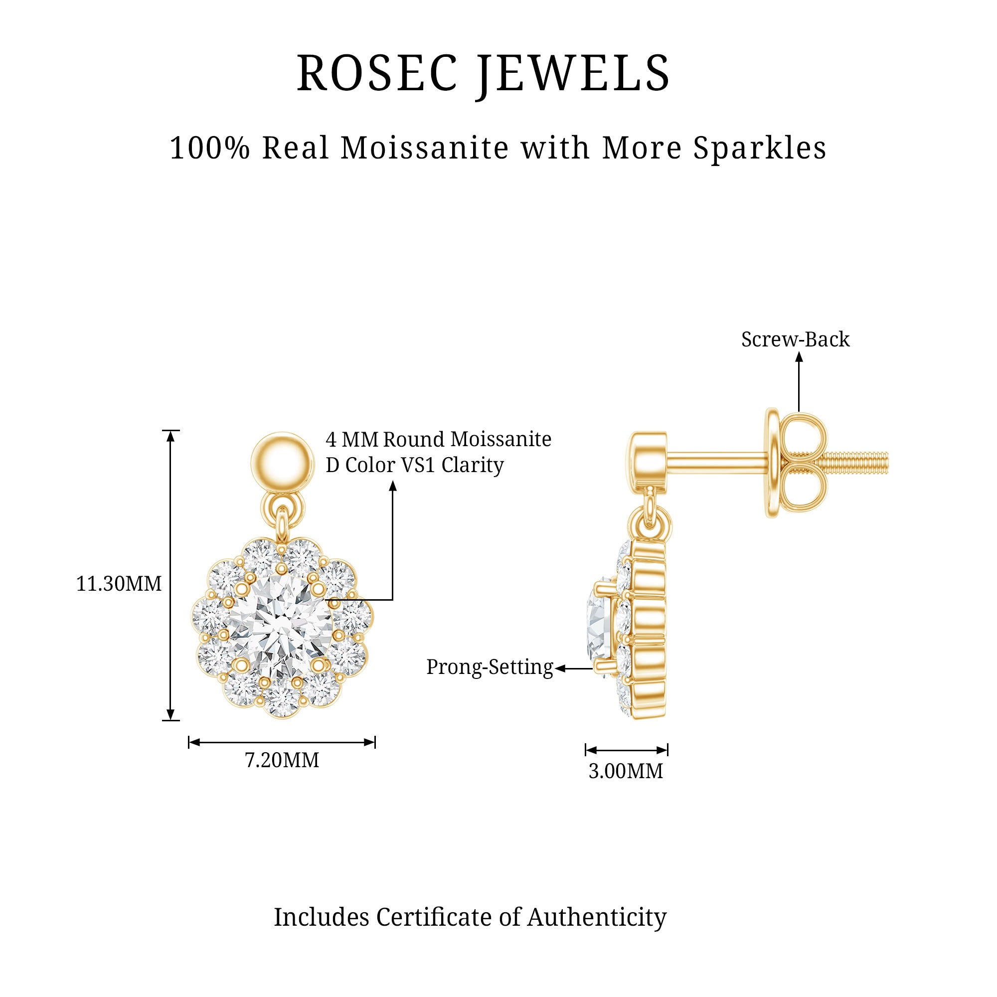 Certified Moissanite Flower Halo Drop Earrings D-VS1 - Rosec Jewels