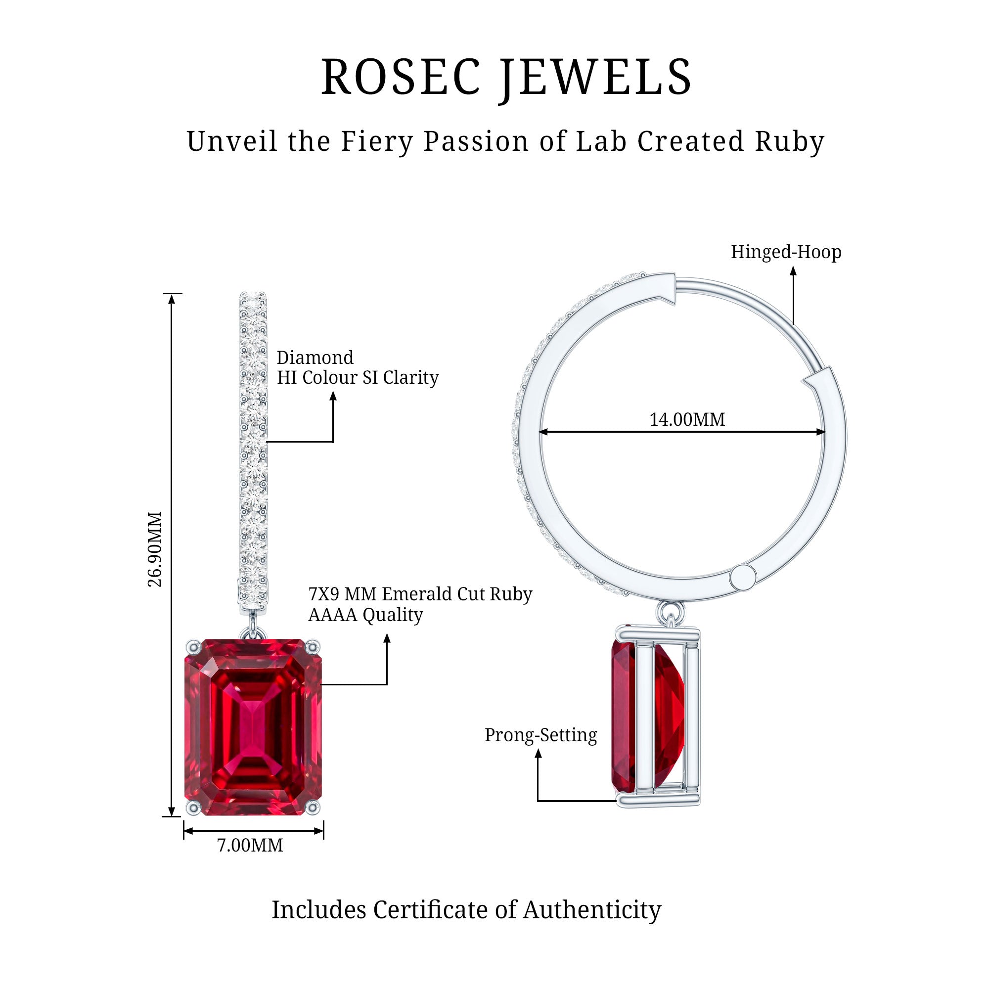 Emerald Cut Lab Created Ruby and Diamond Hoop Drop Earrings AAAA - Rosec Jewels