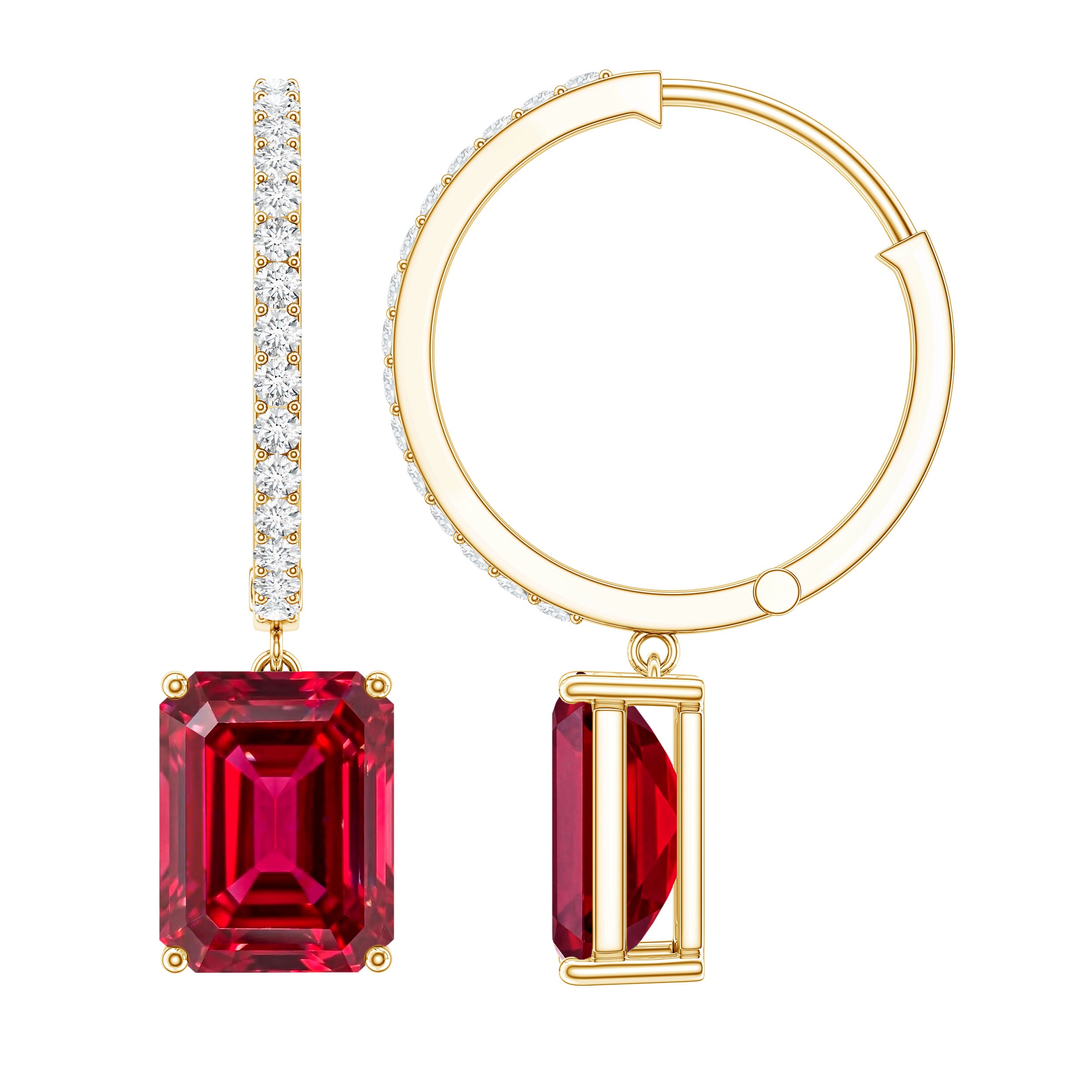 Emerald Cut Lab Created Ruby and Diamond Hoop Drop Earrings AAAA - Rosec Jewels