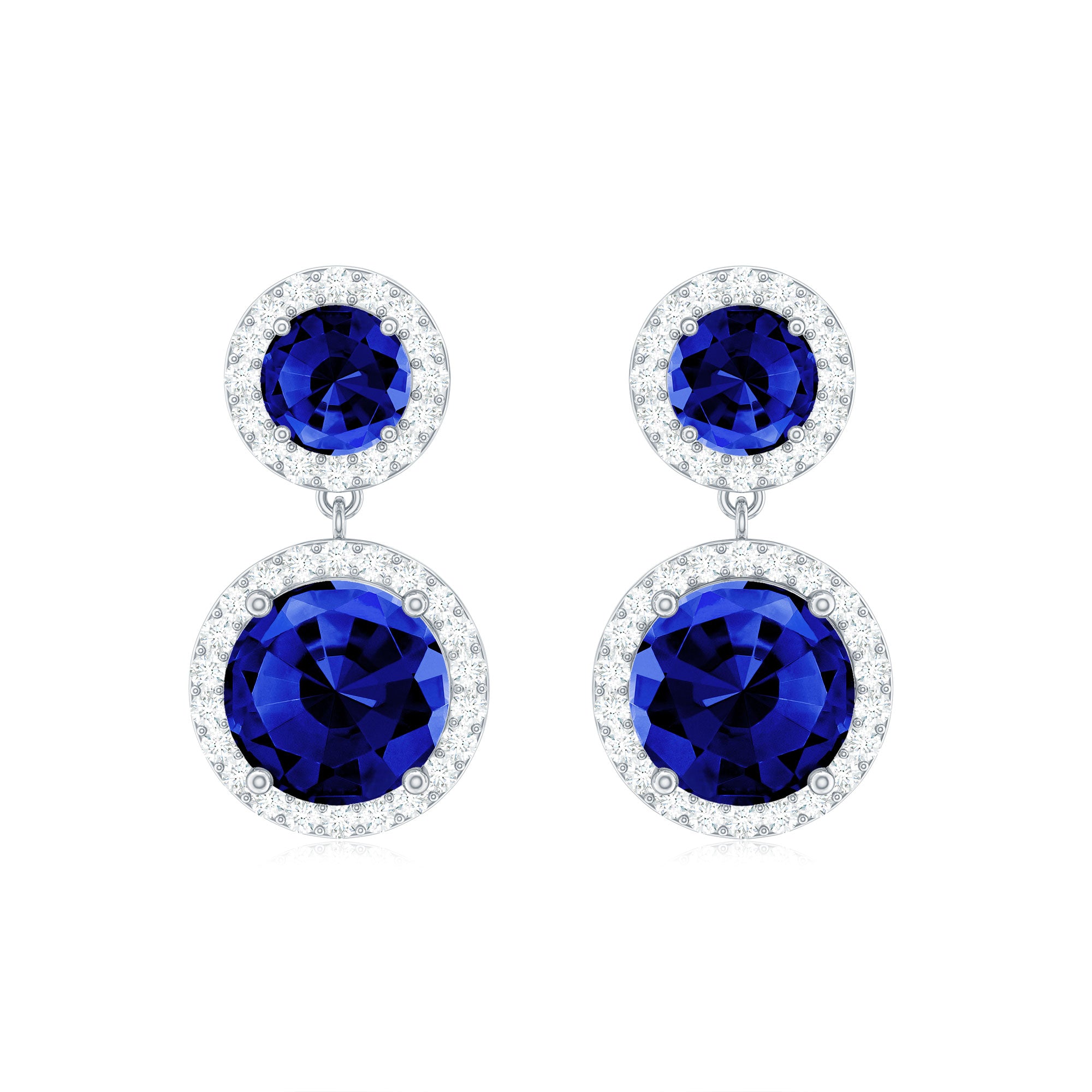 3 CT Created Blue Sapphire and Moissanite Halo Dangle Earrings