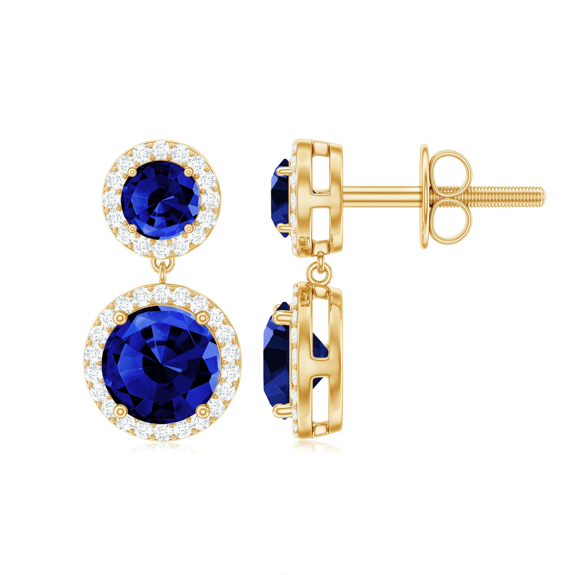 Lab Created Blue Sapphire Wedding Dangle Earrings with Moissanite Halo AAAA - Rosec Jewels