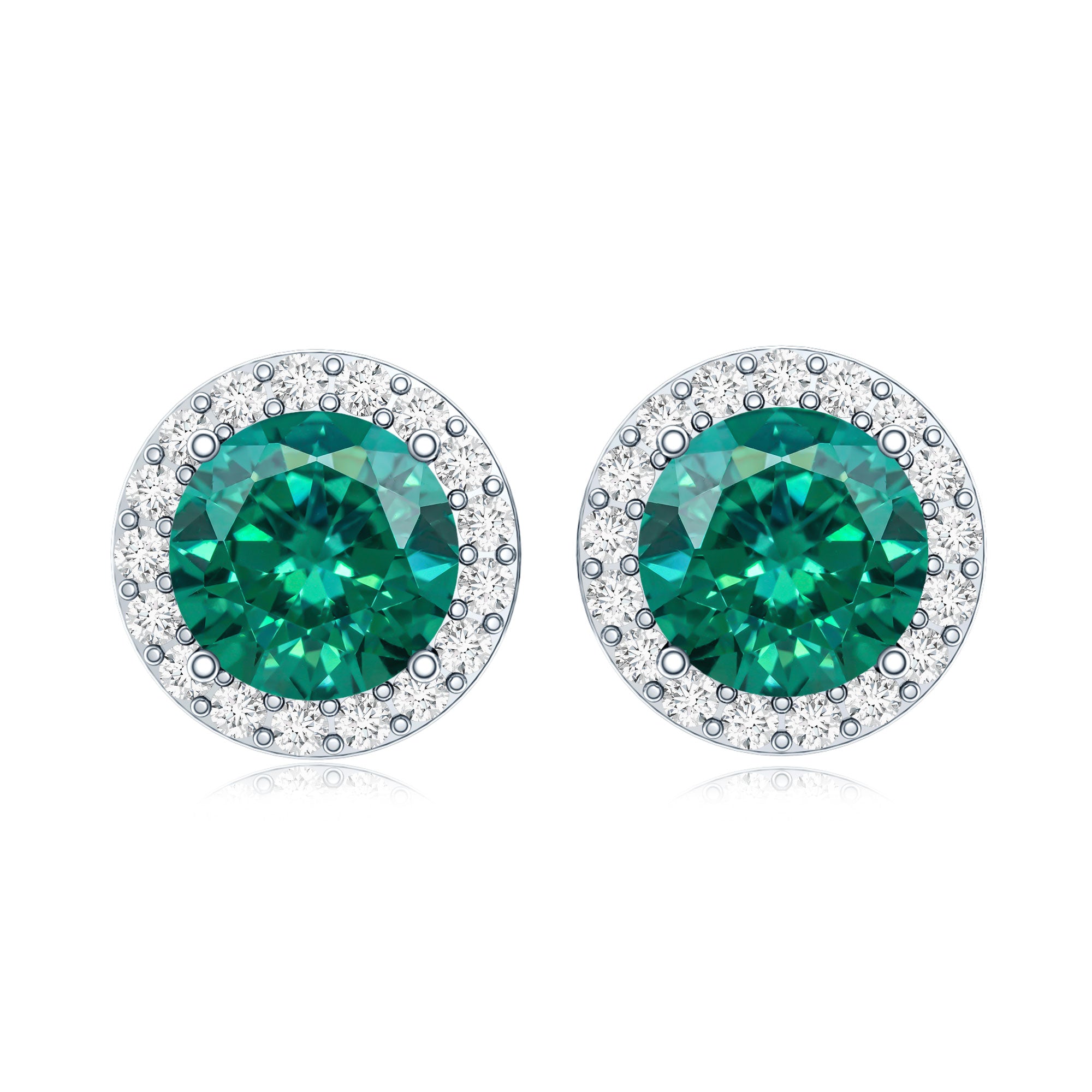 Created Emerald and Diamond Classic Halo Stud Earrings AAAA - Rosec Jewels