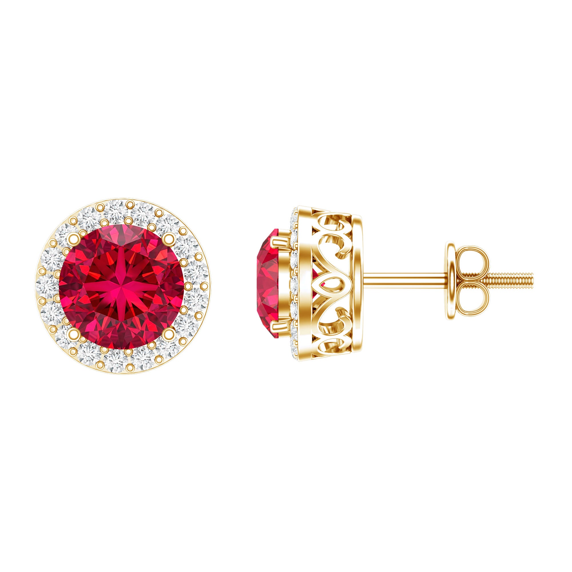 Created Ruby and Diamond Classic Halo Stud Earrings AAAA - Rosec Jewels
