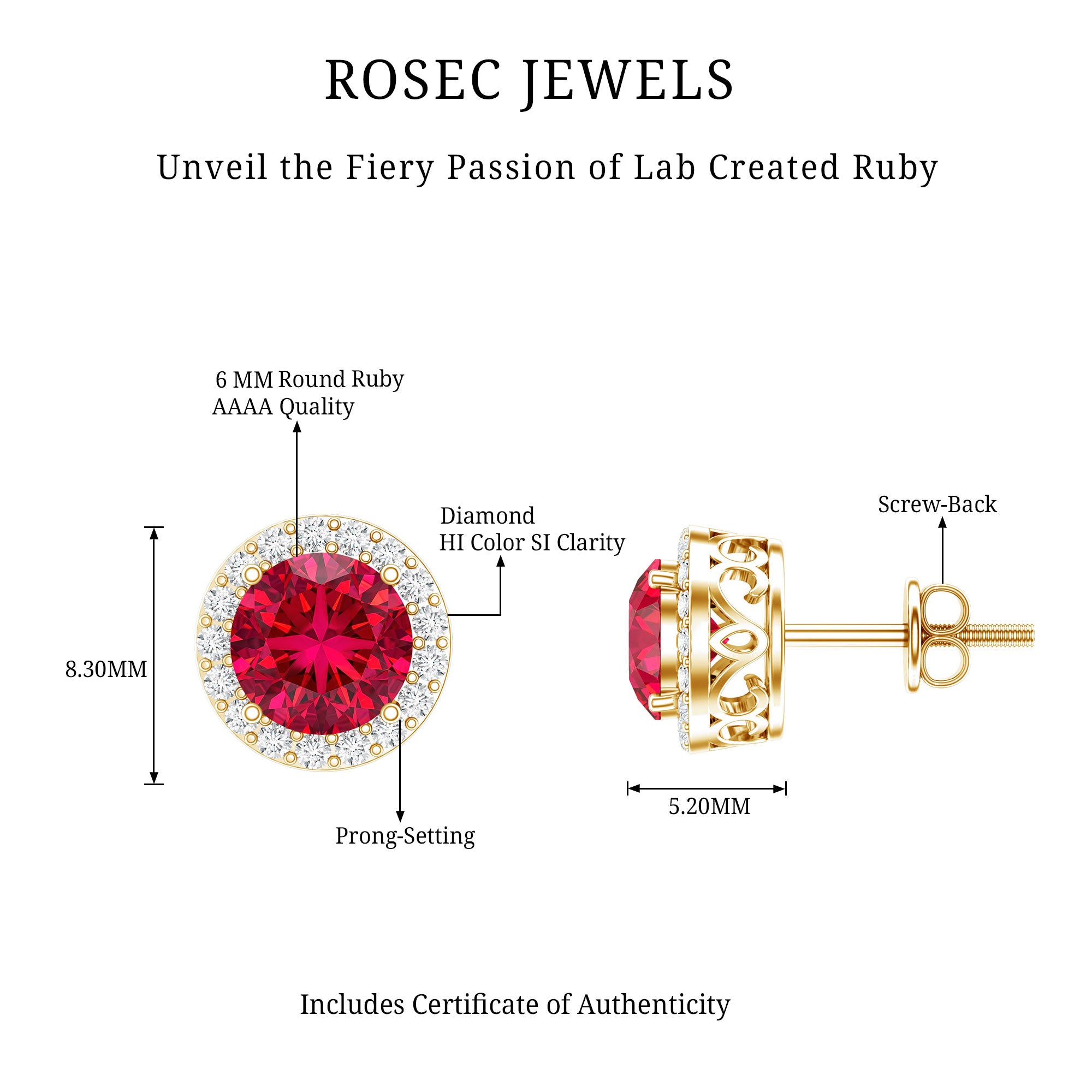 Created Ruby and Diamond Classic Halo Stud Earrings AAAA - Rosec Jewels