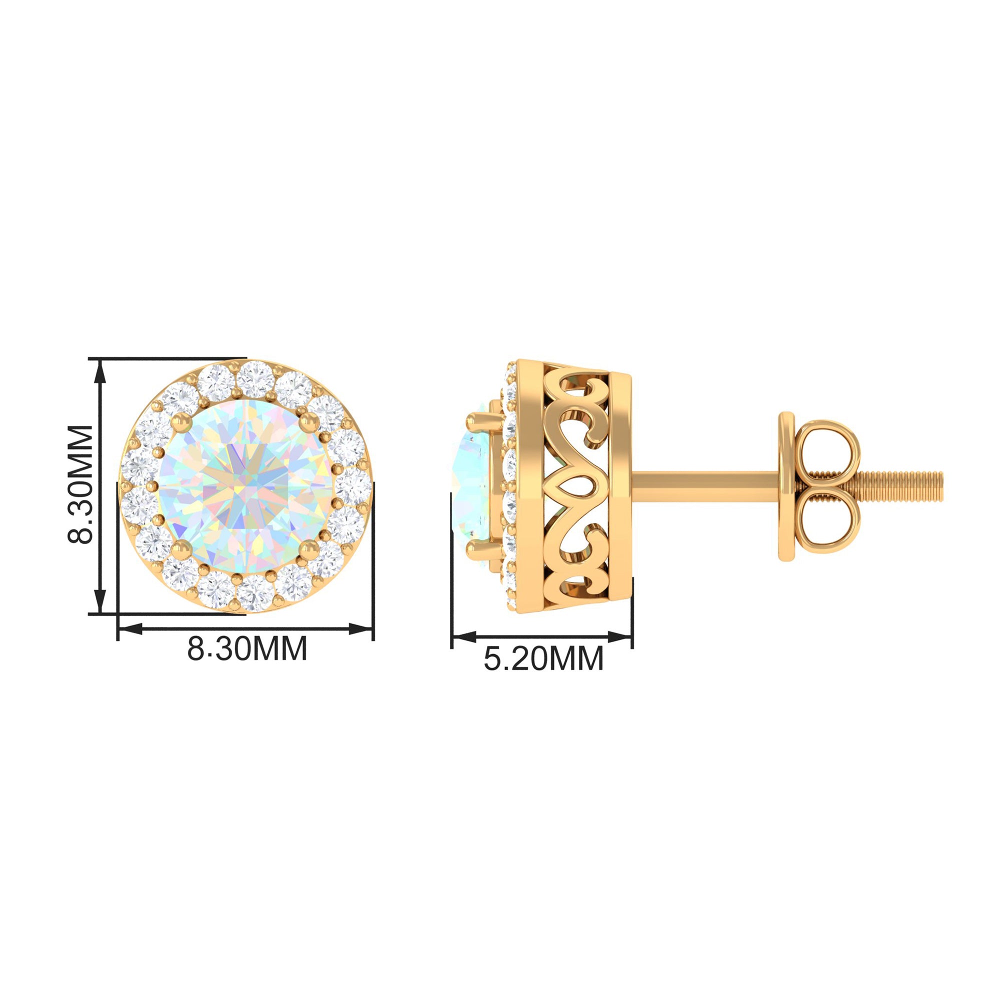 1.6 Carat Round Ethiopian Opal Stud Earrings with Diamond Halo in Prong Setting AAA - Rosec Jewels