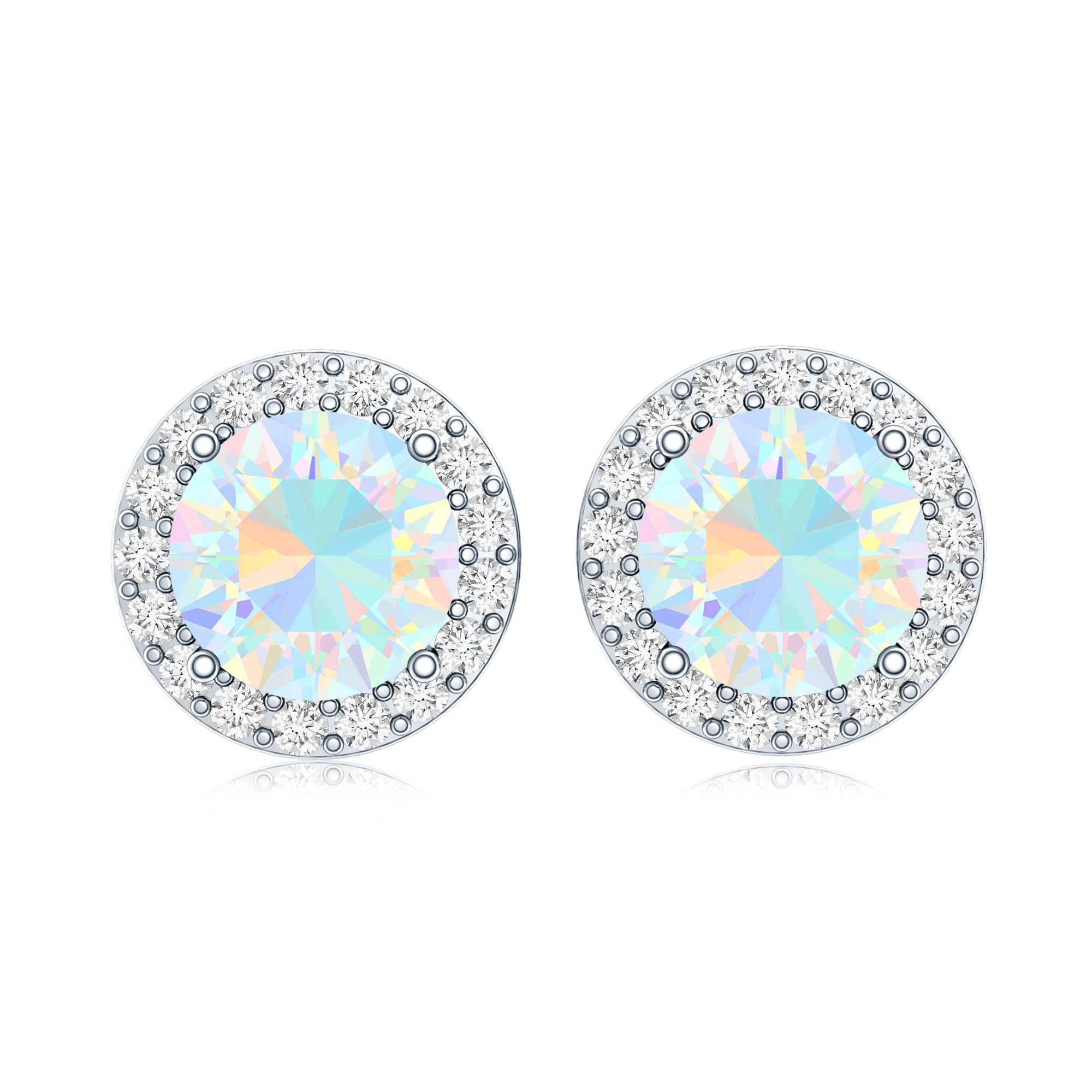 1.6 Carat Round Ethiopian Opal Stud Earrings with Diamond Halo in Prong Setting AAA - Rosec Jewels