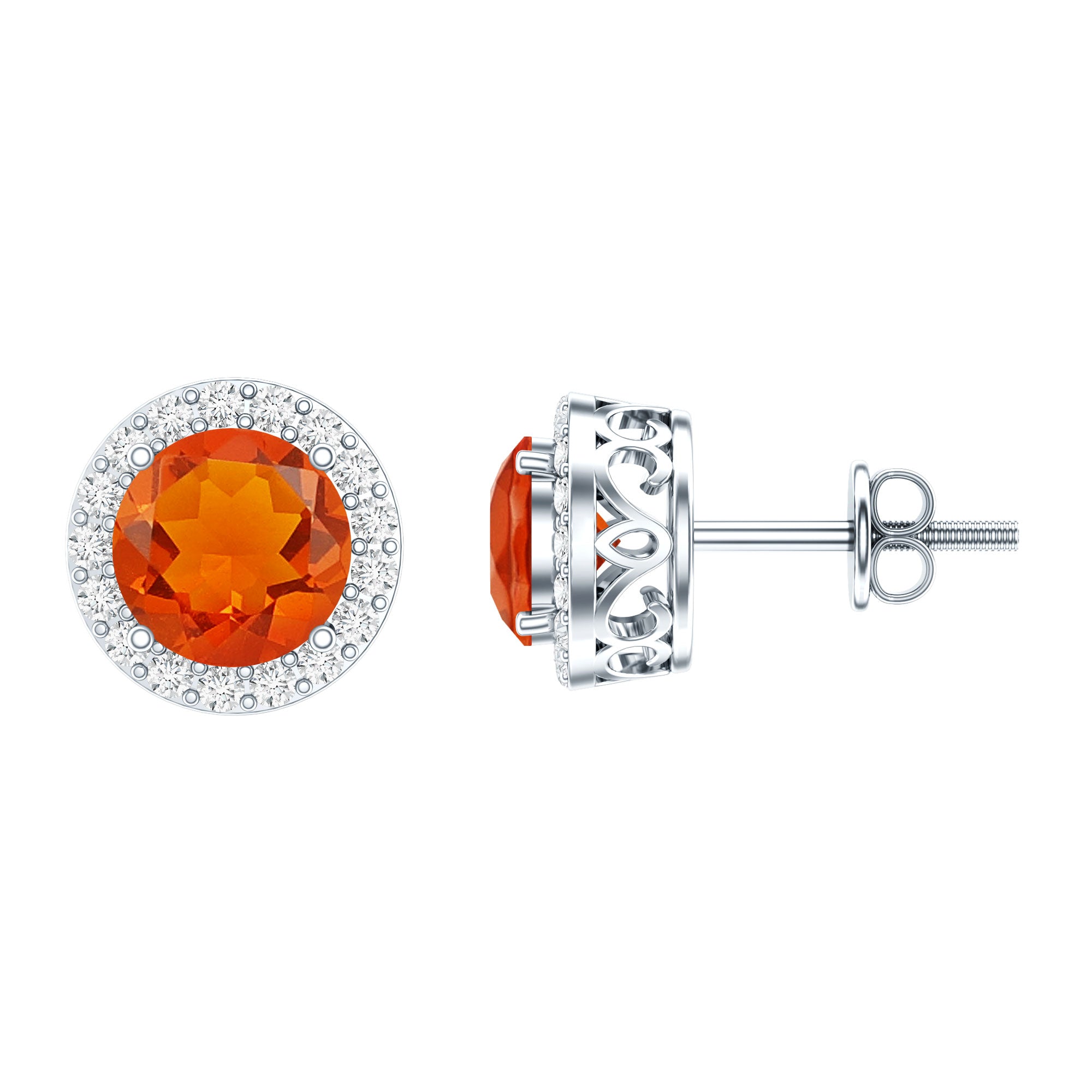 Round Fire Opal Minimal Halo Stud Earrings with Diamond AAA - Rosec Jewels