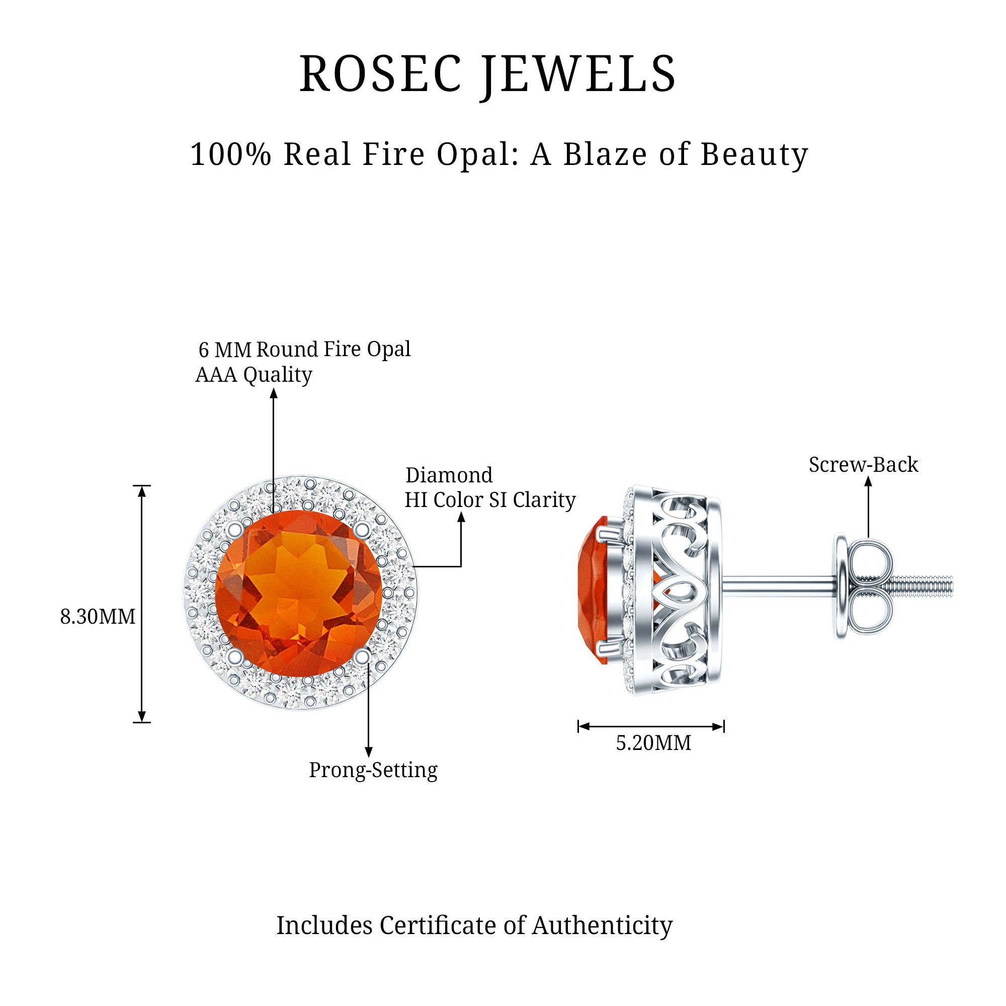 Round Fire Opal Minimal Halo Stud Earrings with Diamond AAA - Rosec Jewels