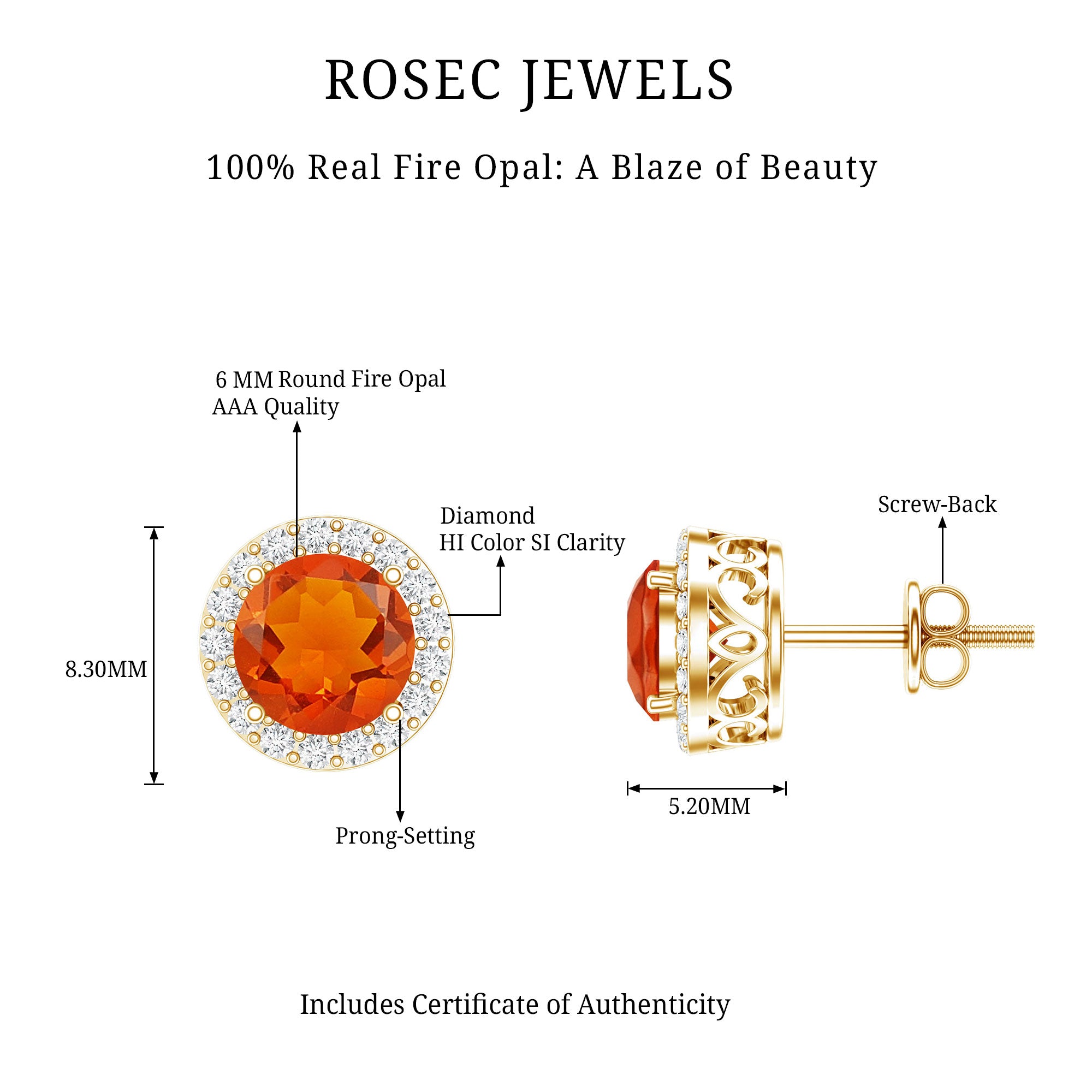 Round Fire Opal Minimal Halo Stud Earrings with Diamond AAA - Rosec Jewels