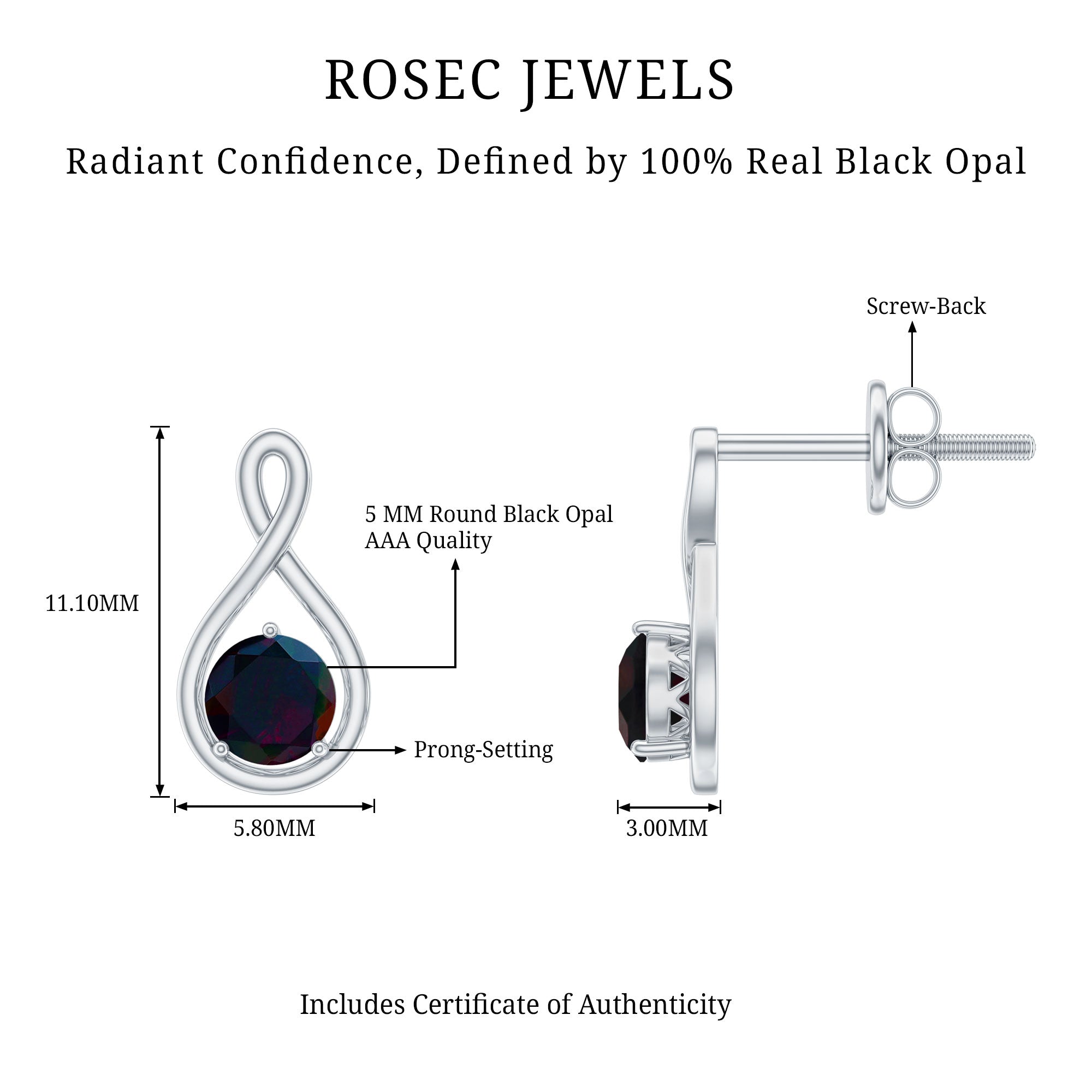 Natural Black Opal Infinity Earrings with Screw Back AAA - Rosec Jewels
