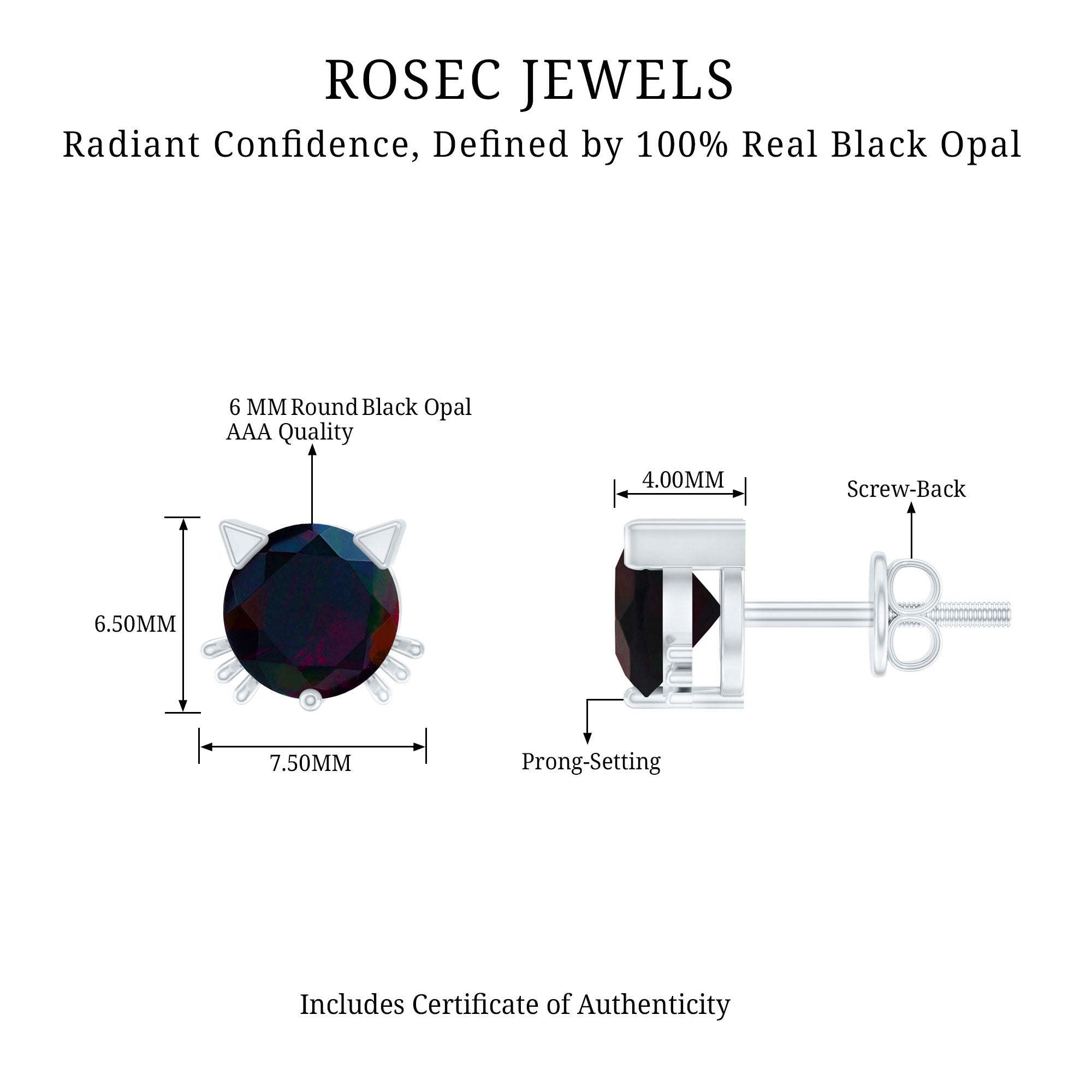Solitaire Black Opal Cat Stud Earrings with Screw Back AAA - Rosec Jewels