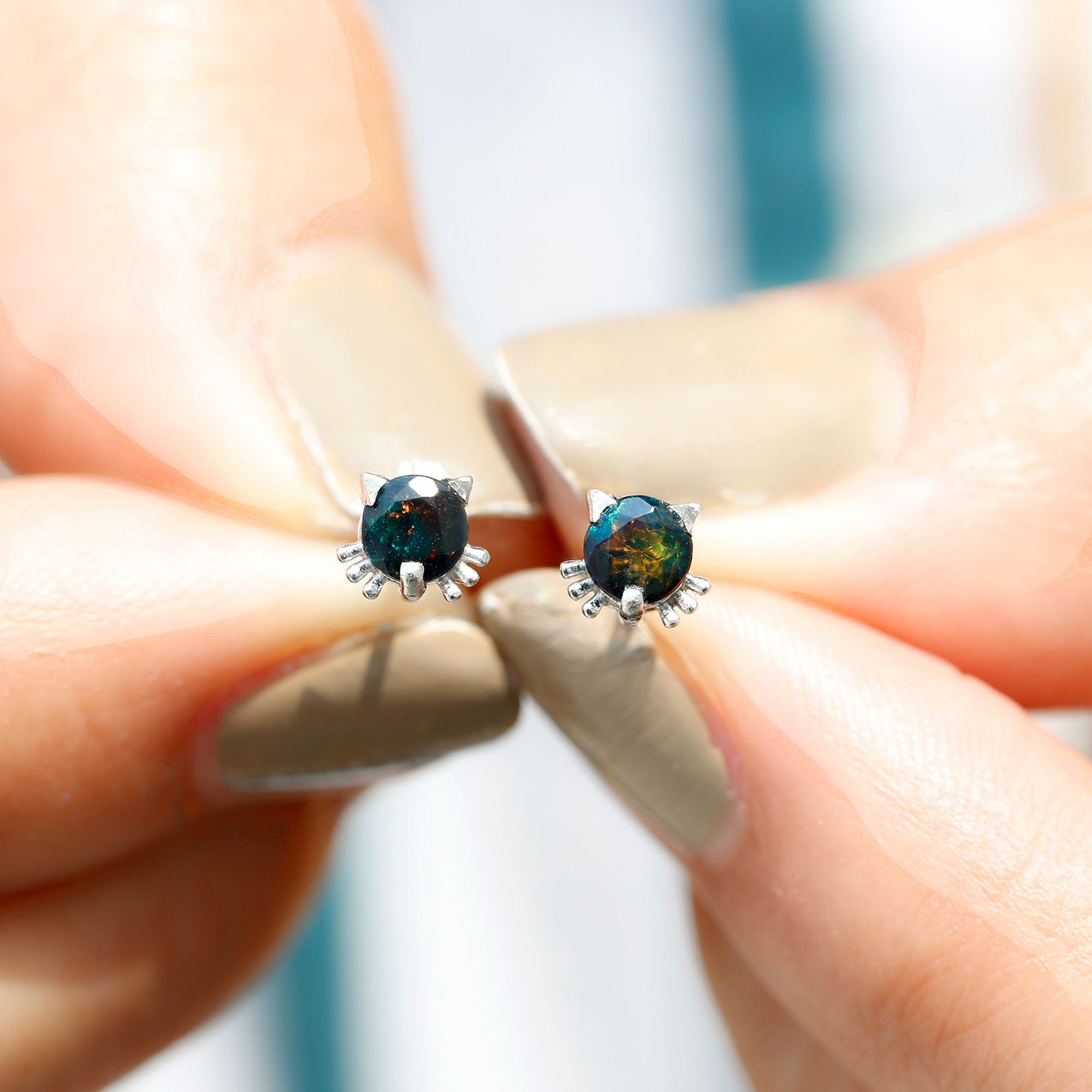 Solitaire Black Opal Cat Stud Earrings with Screw Back AAA - Rosec Jewels