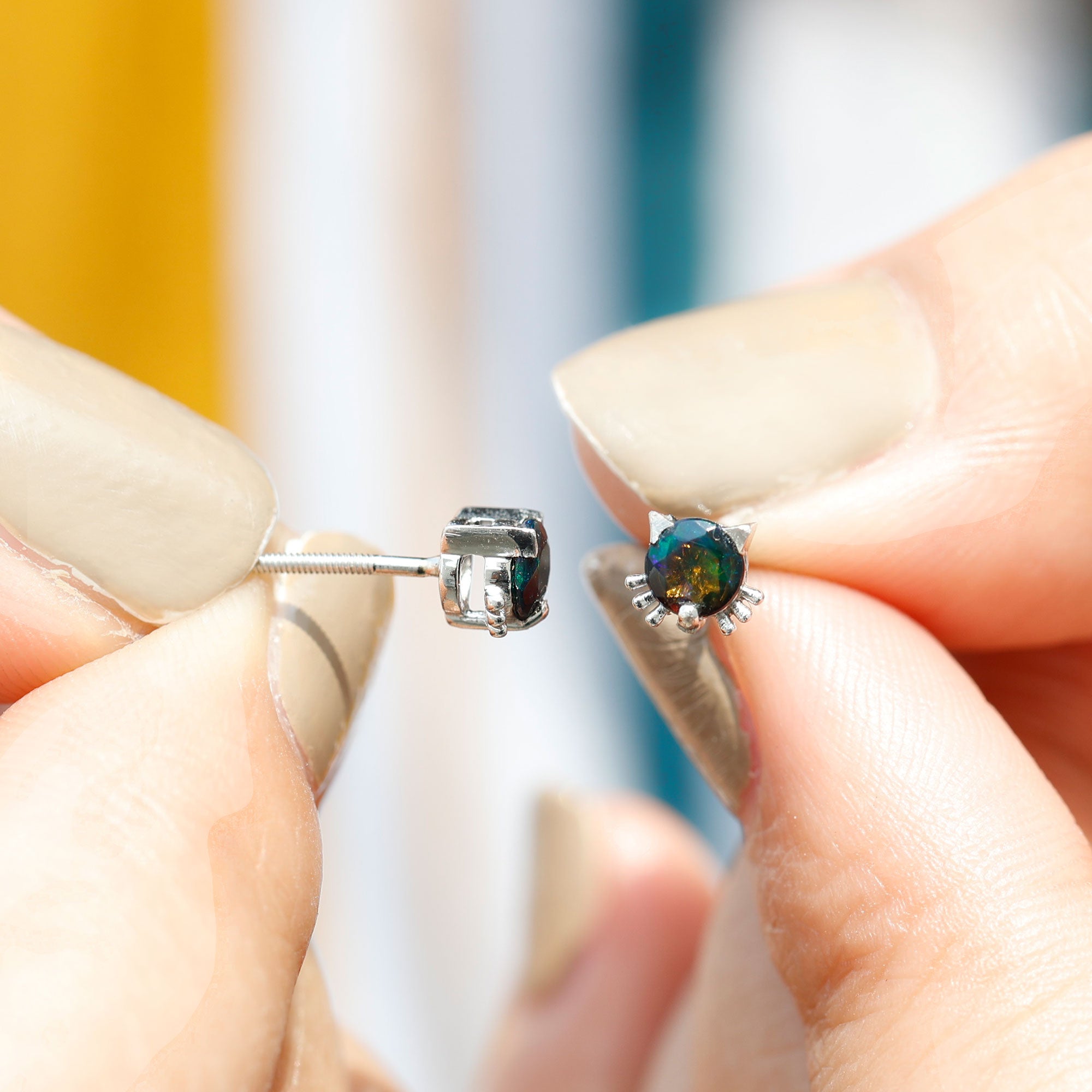 Solitaire Black Opal Cat Stud Earrings with Screw Back AAA - Rosec Jewels