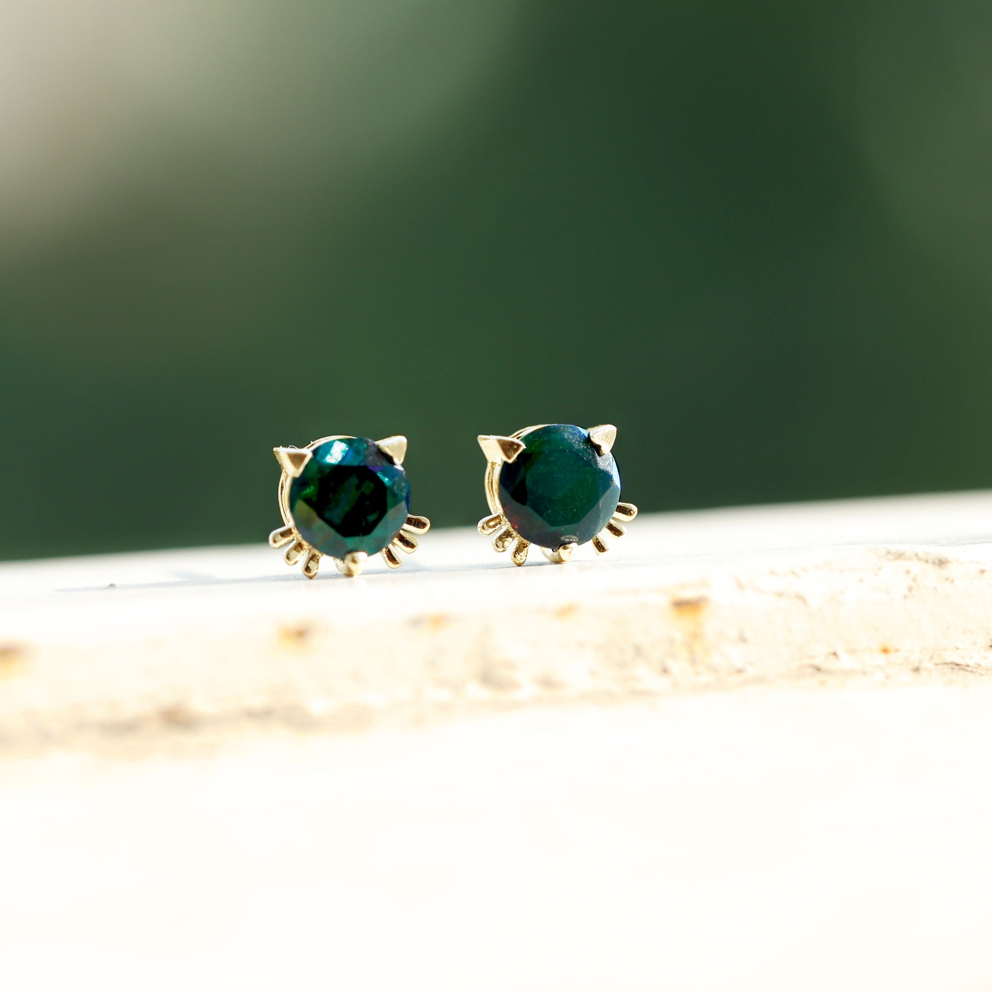 Solitaire Black Opal Cat Stud Earrings with Screw Back AAA - Rosec Jewels