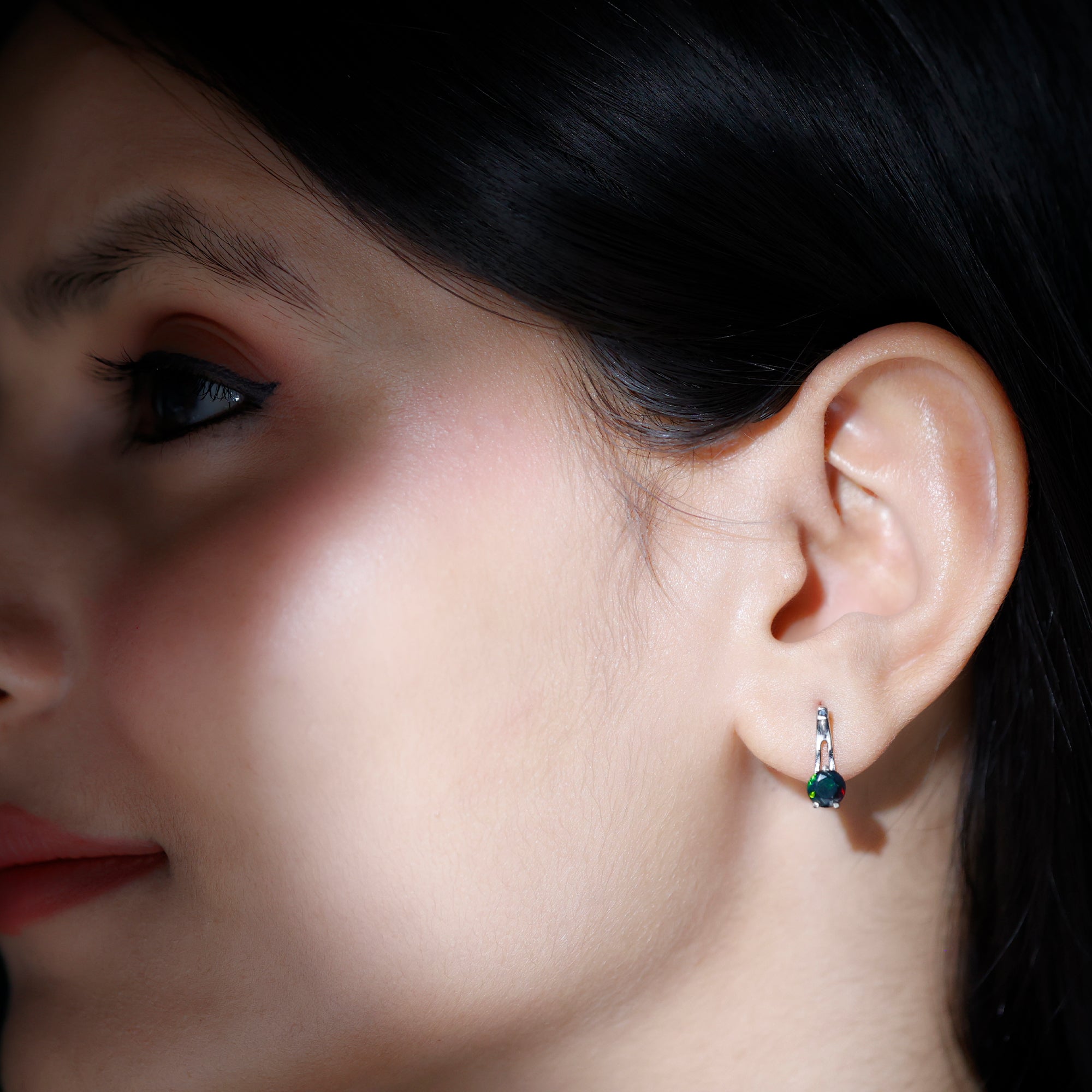 1 Carat Round Cut Black Opal J Hoop Earrings for Women AAA - Rosec Jewels