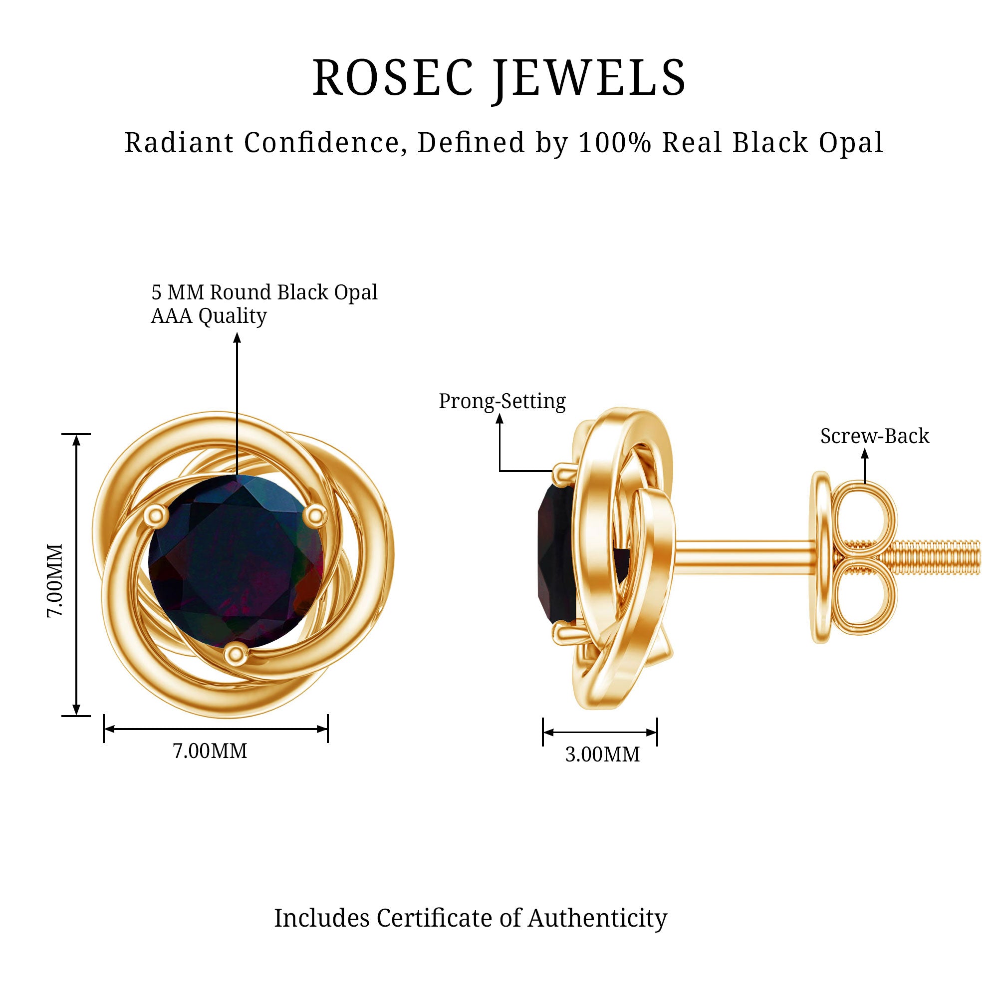 Natural Black Opal Solitaire Swirl Stud Earrings AAA - Rosec Jewels
