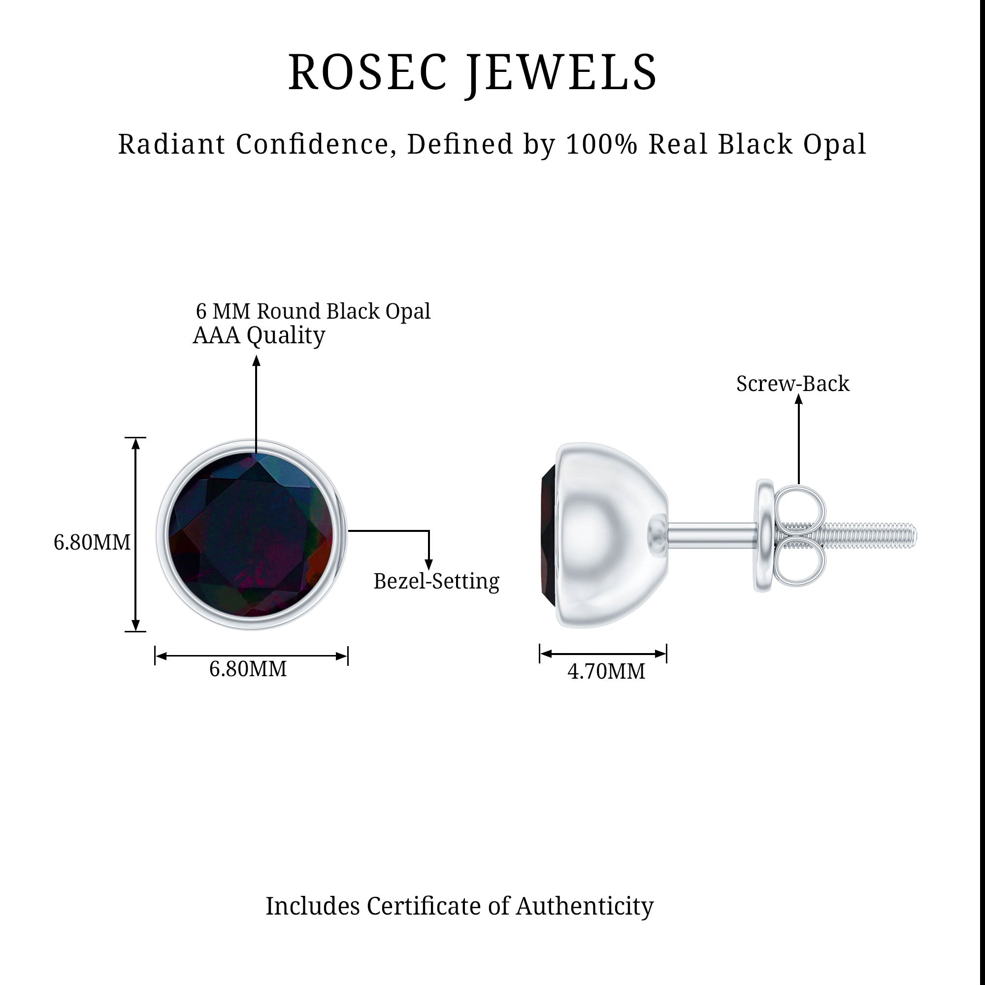 Bezel Set 6mm Black Opal Stud Earrings with Certificate AAA - Rosec Jewels