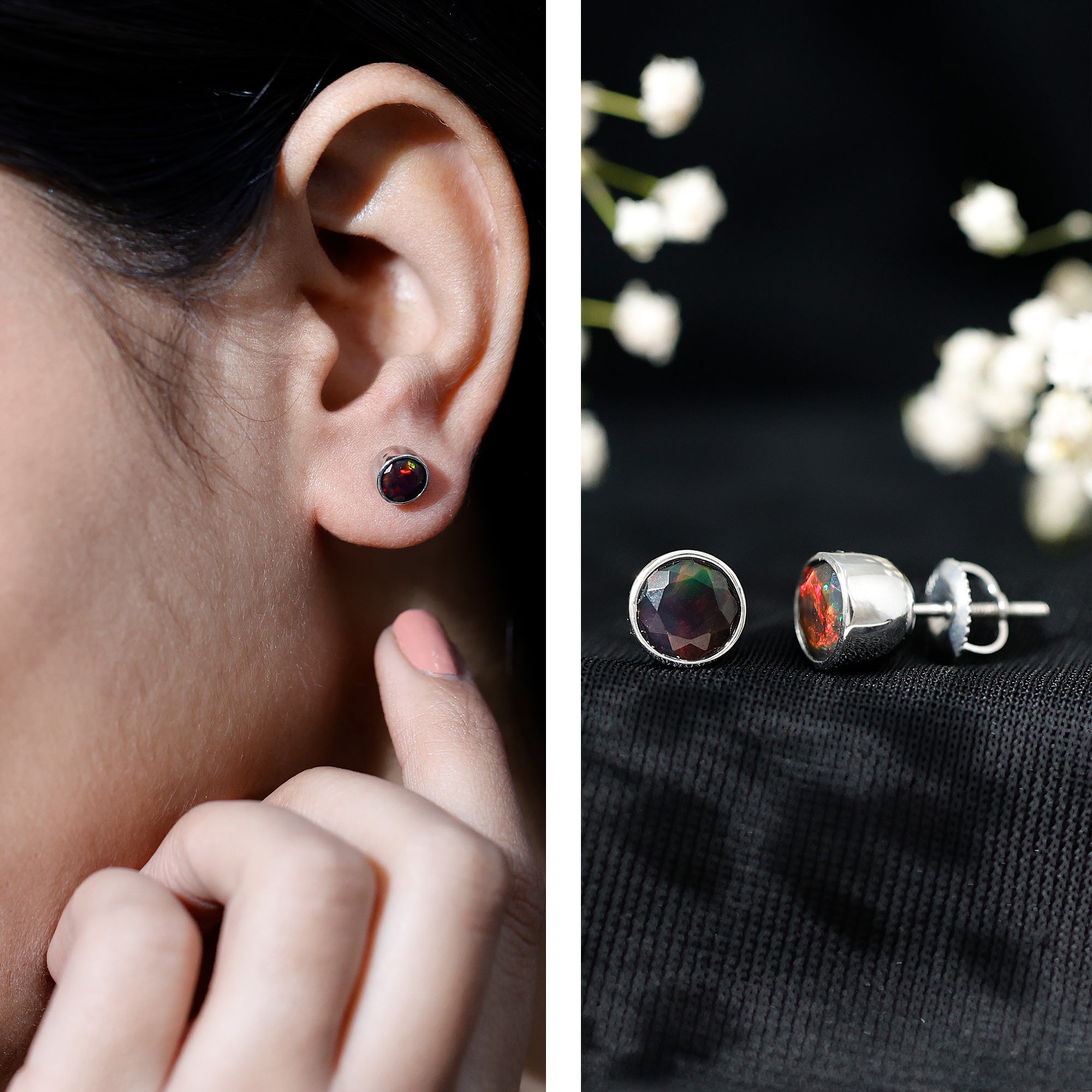 Bezel Set 6mm Black Opal Stud Earrings with Certificate AAA - Rosec Jewels