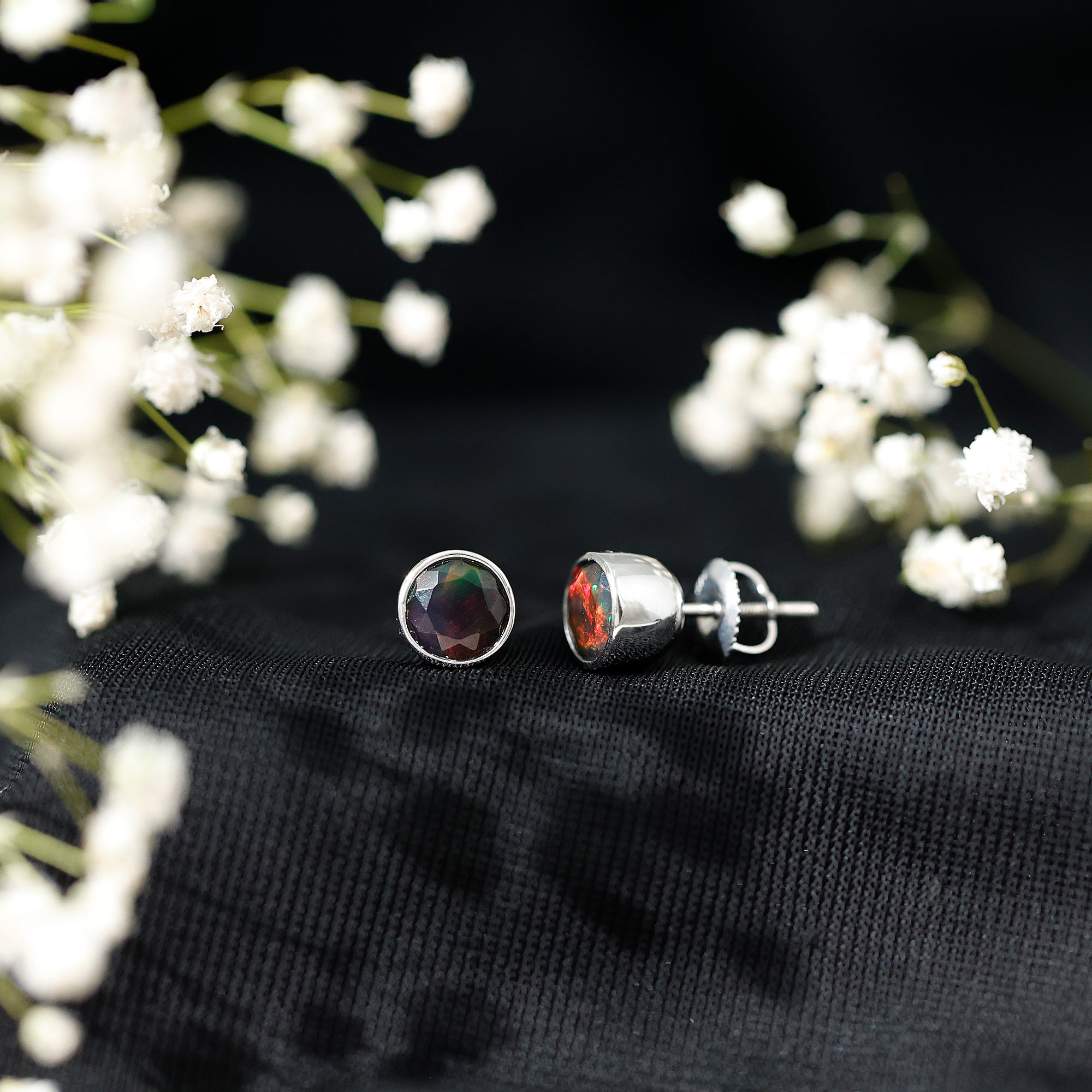 Bezel Set 6mm Black Opal Stud Earrings with Certificate AAA - Rosec Jewels