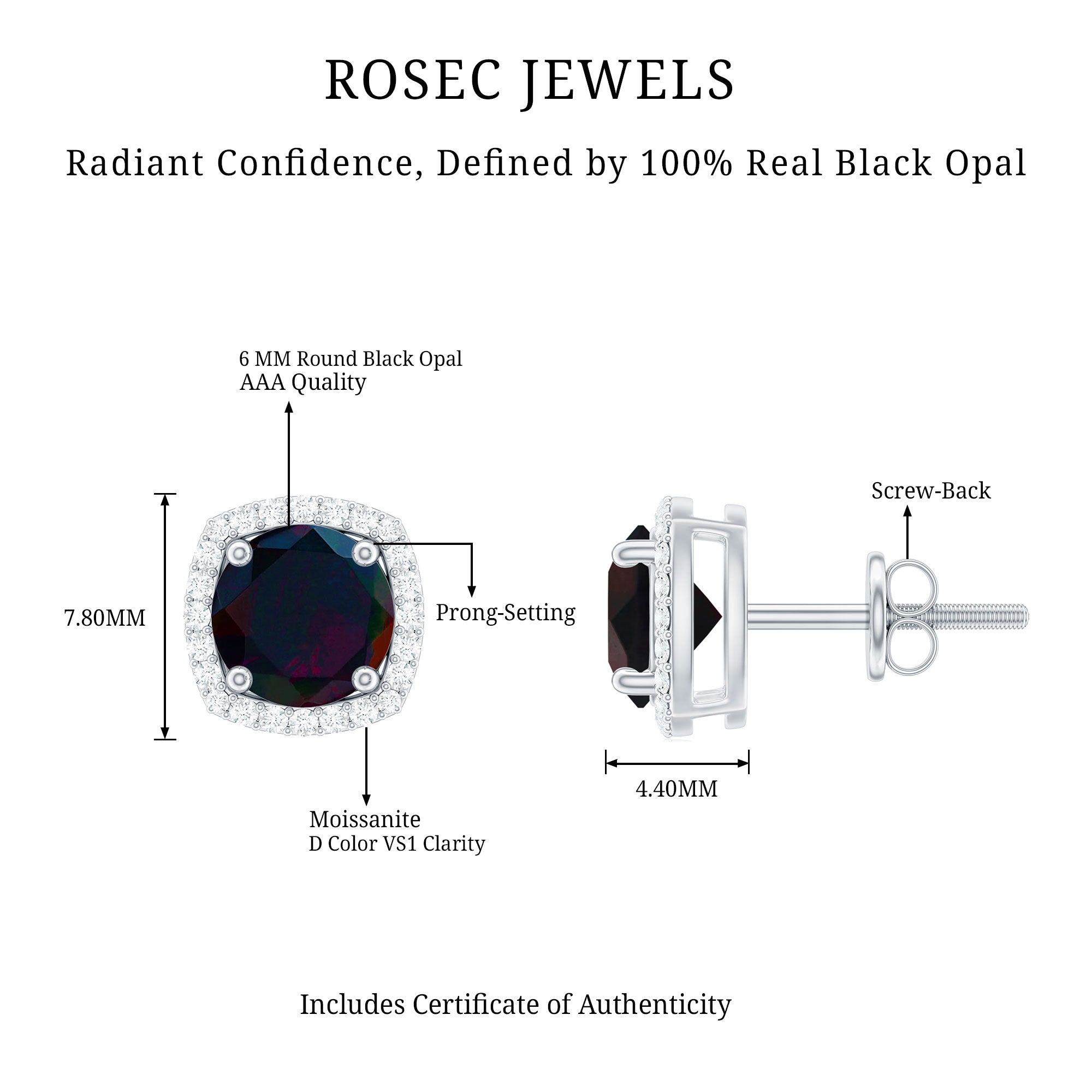 Round Shape Black Opal Stud Earrings with Moissanite Halo AAA - Rosec Jewels