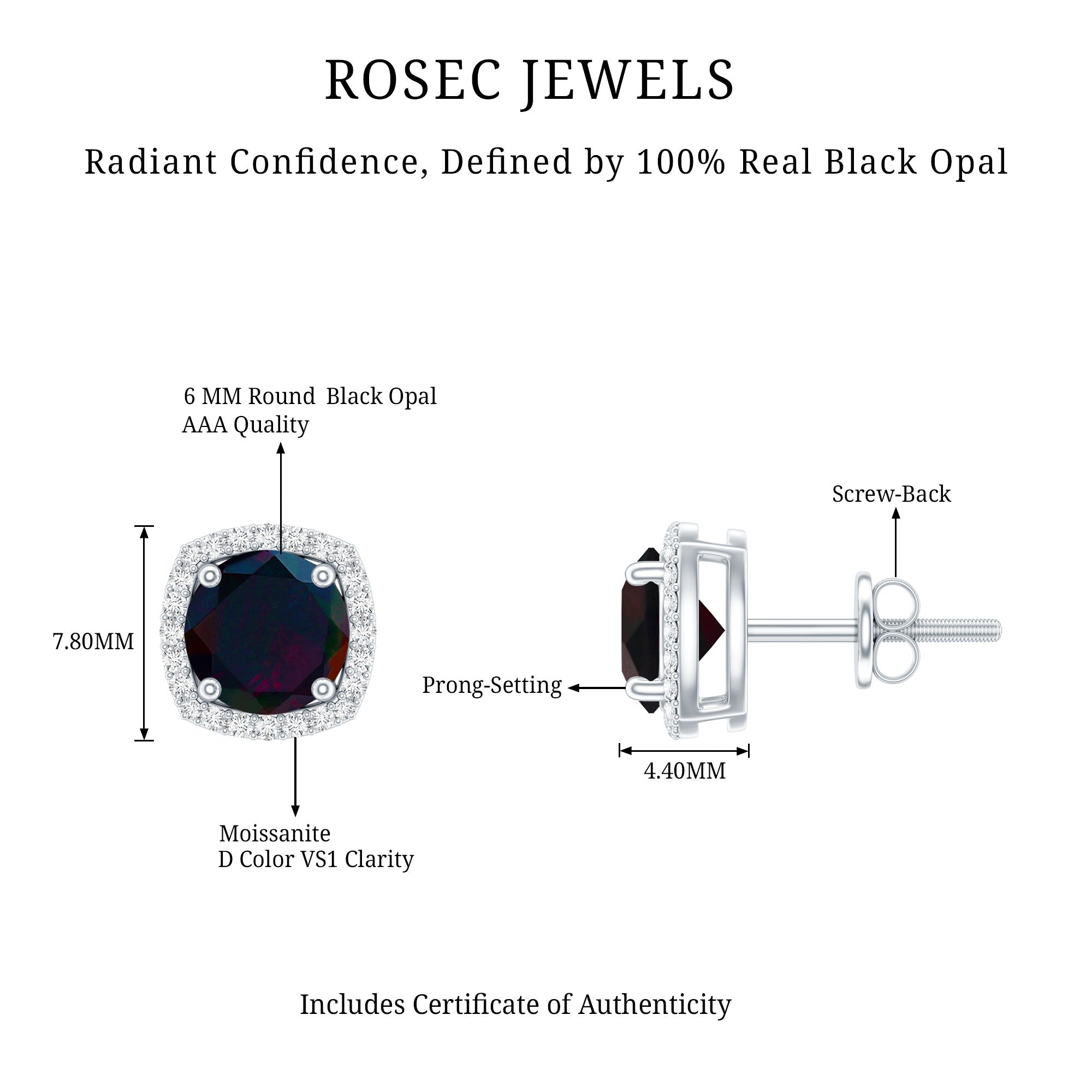 Round Shape Black Opal Stud Earrings with Moissanite Halo AAA - Rosec Jewels
