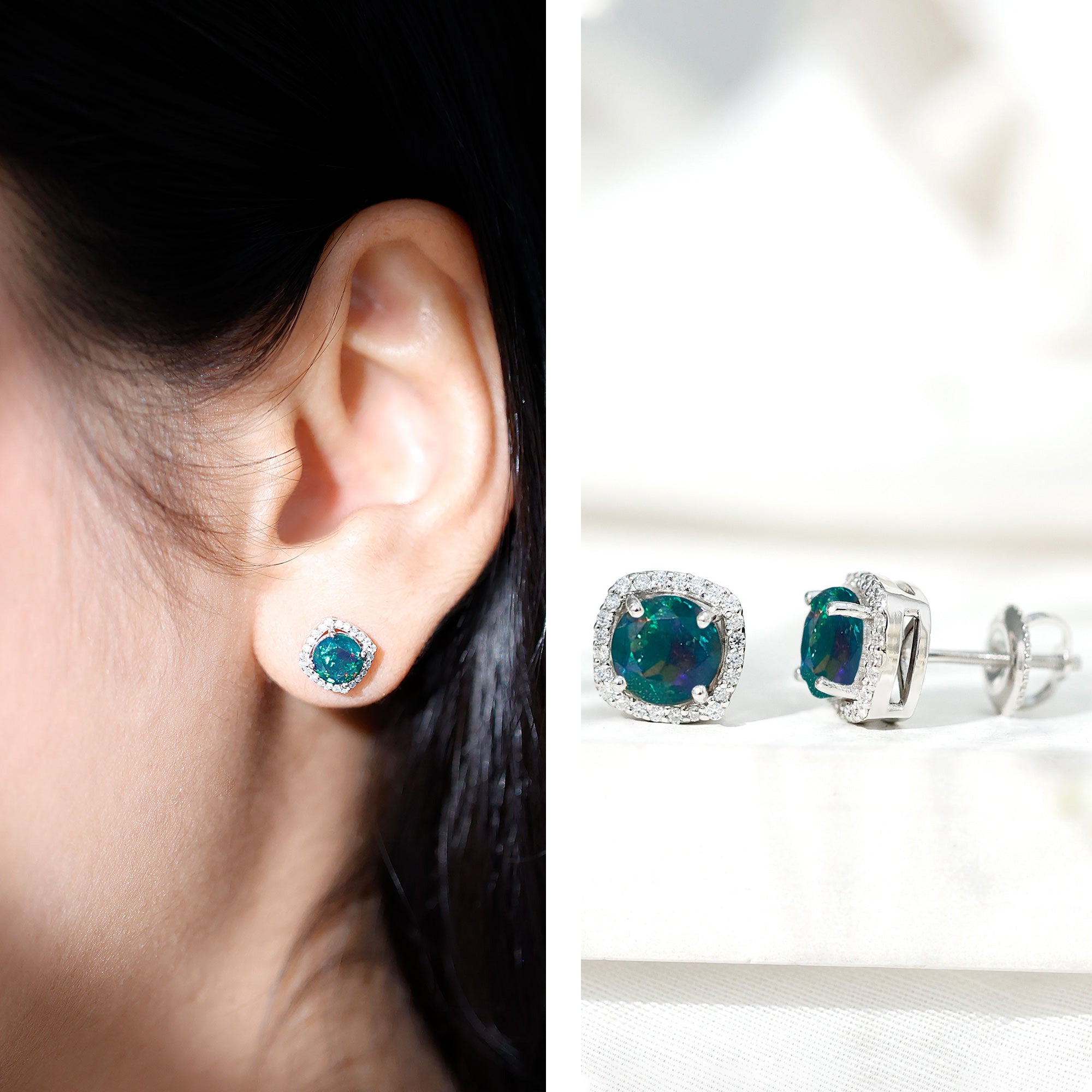 Round Shape Black Opal Stud Earrings with Moissanite Halo AAA - Rosec Jewels