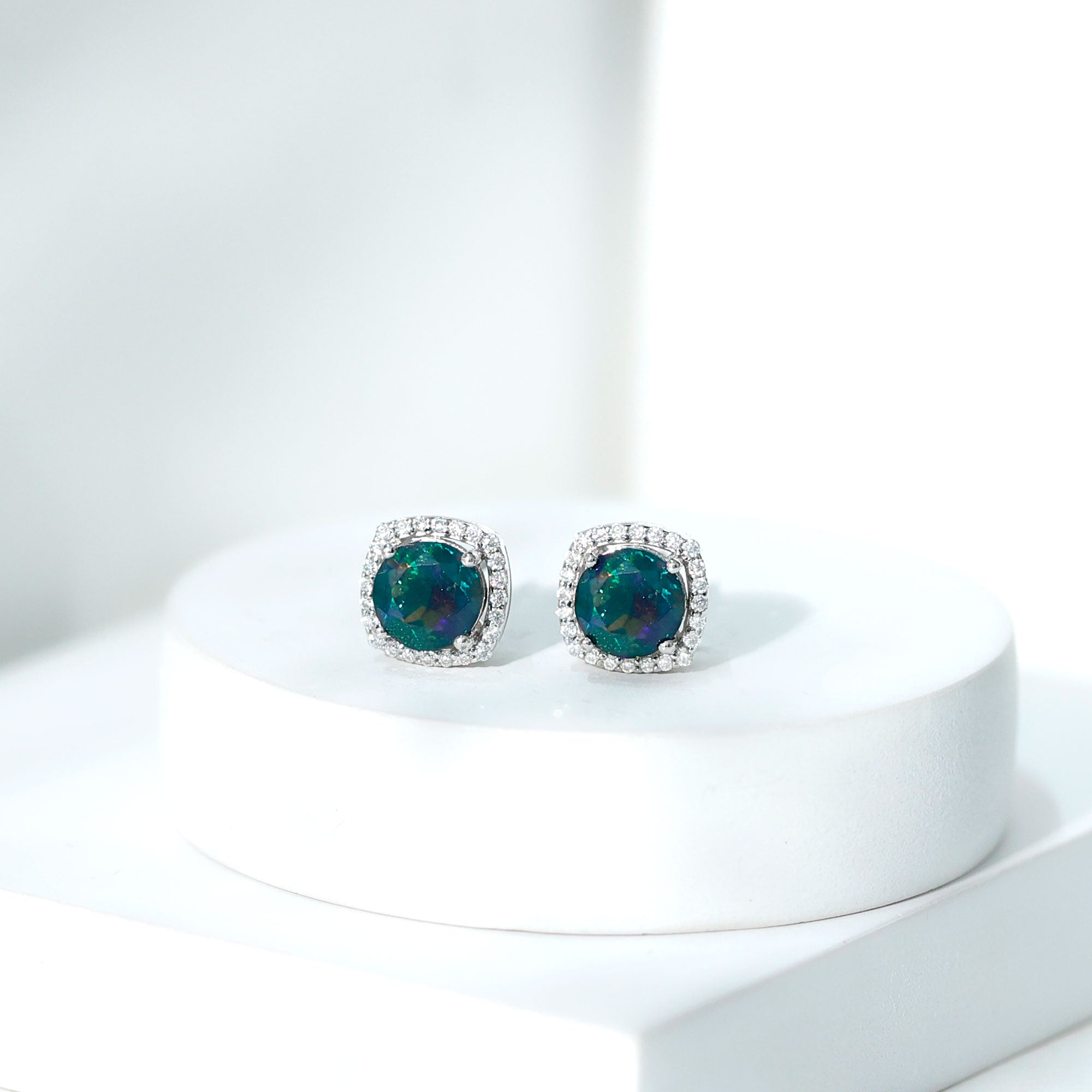 Round Shape Black Opal Stud Earrings with Moissanite Halo AAA - Rosec Jewels