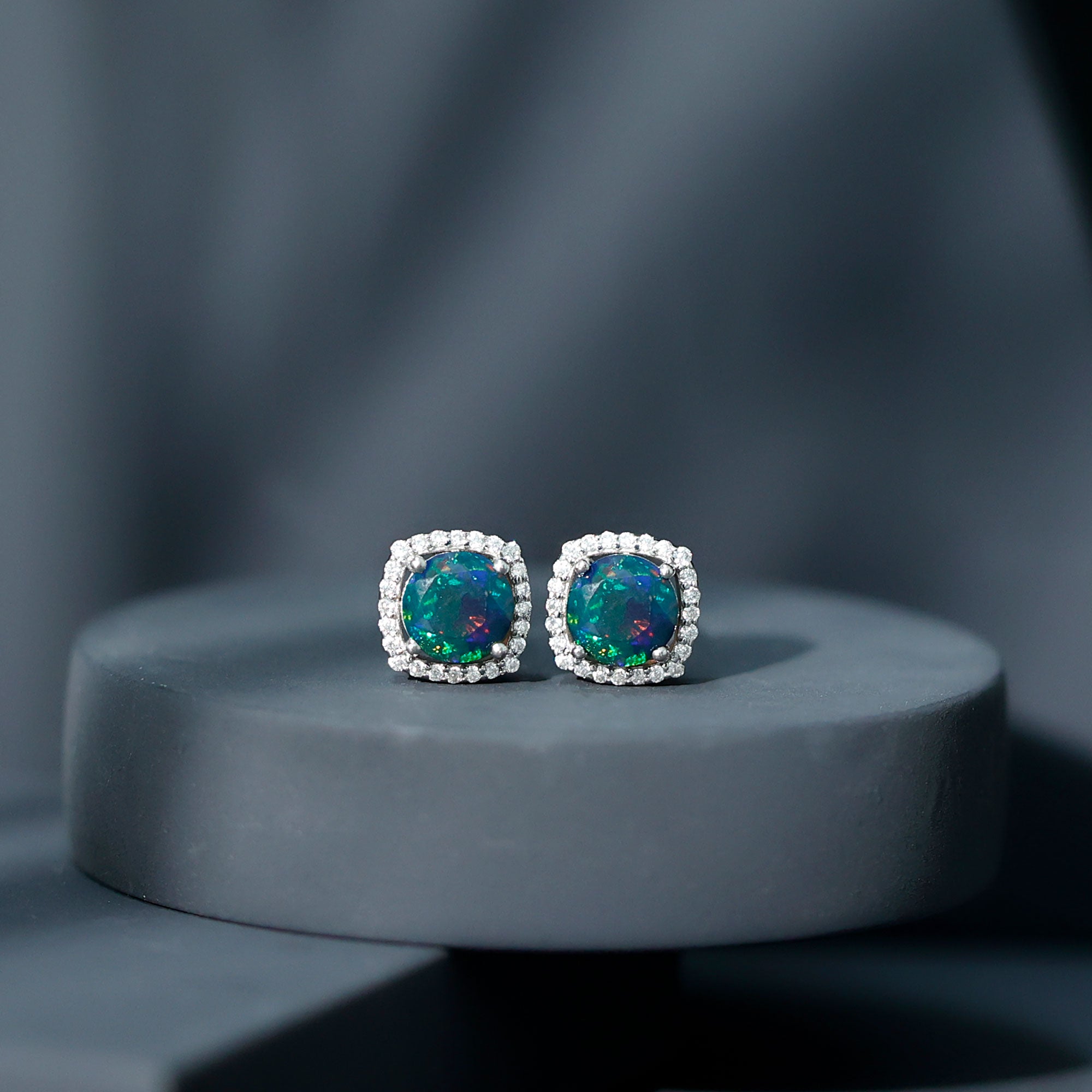 Round Shape Black Opal Stud Earrings with Moissanite Halo AAA - Rosec Jewels