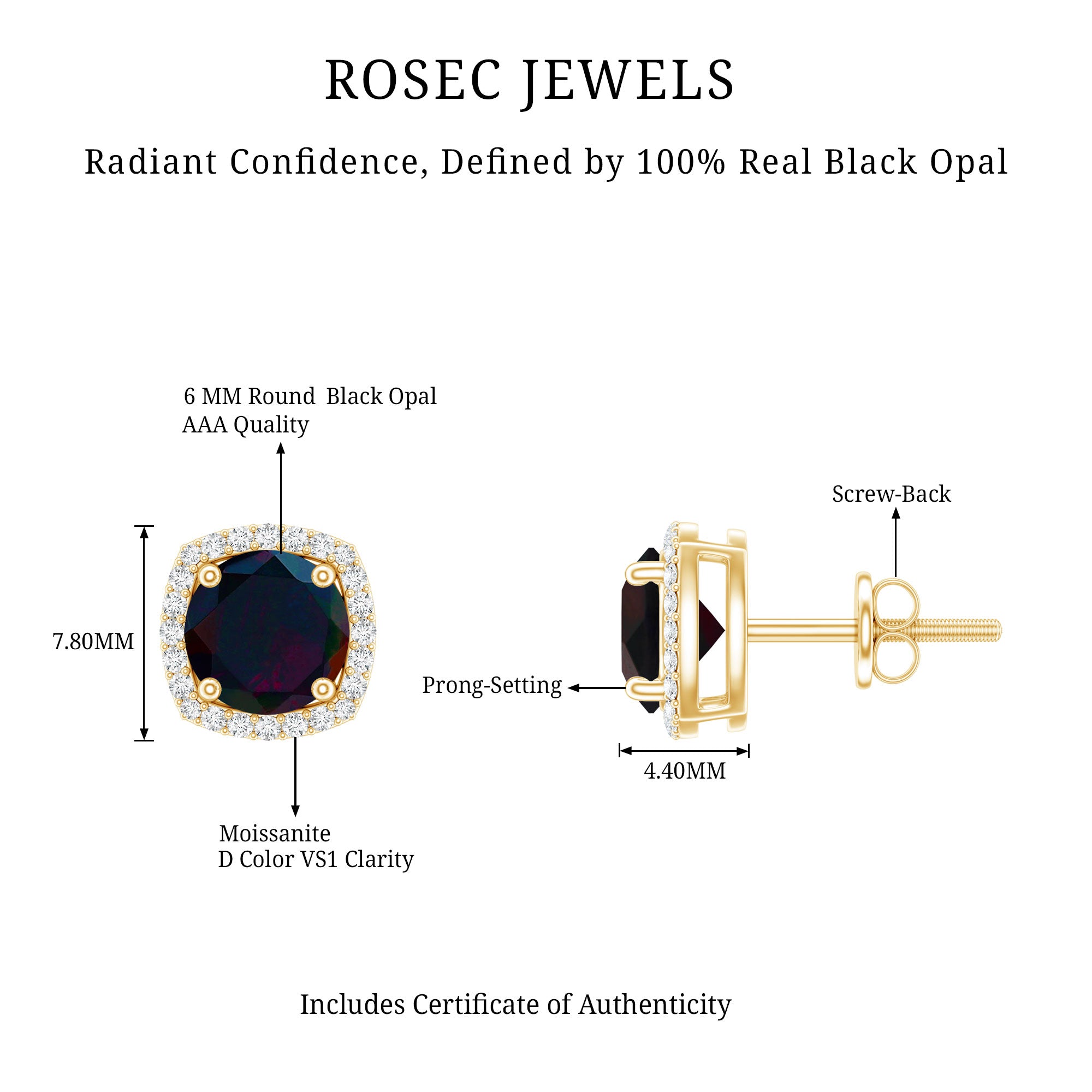 Round Shape Black Opal Stud Earrings with Moissanite Halo AAA - Rosec Jewels