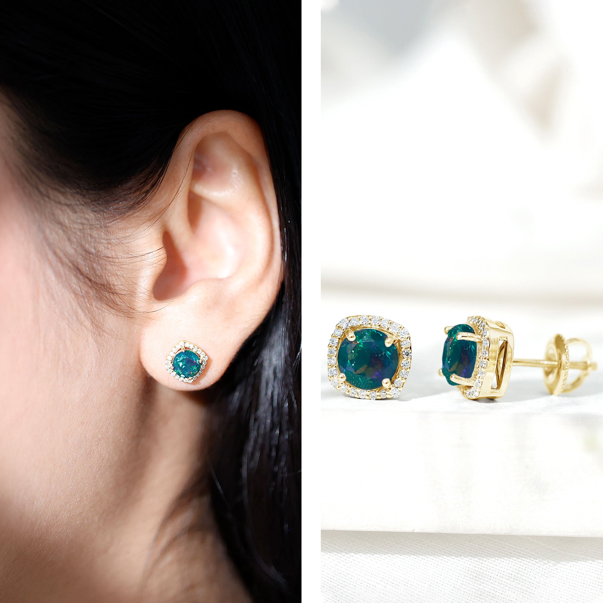 Round Shape Black Opal Stud Earrings with Moissanite Halo AAA - Rosec Jewels