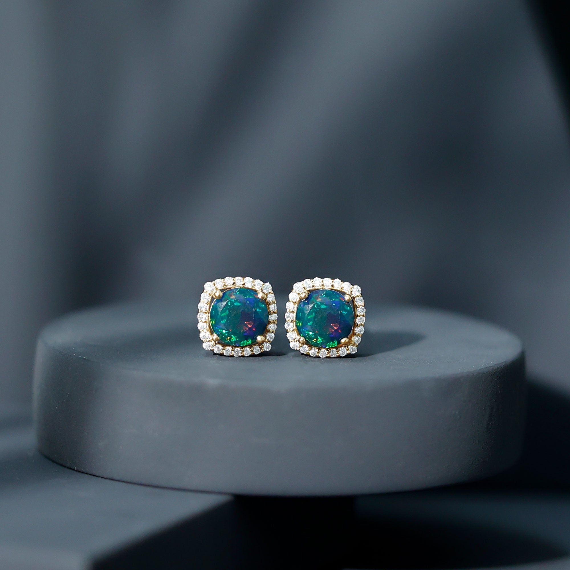 Round Shape Black Opal Stud Earrings with Moissanite Halo AAA - Rosec Jewels