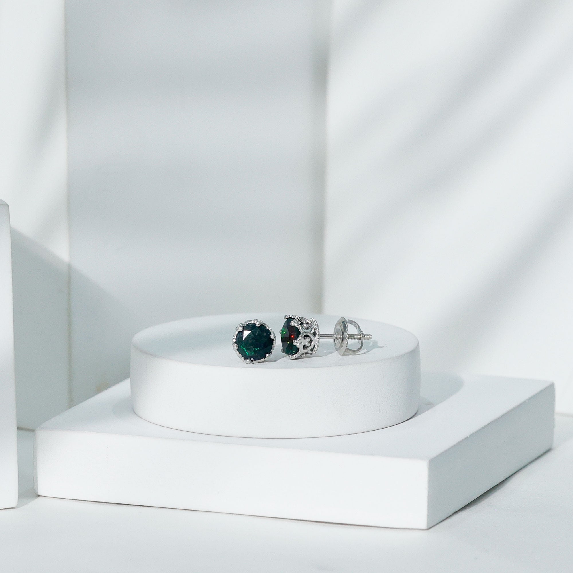 Natural Black Opal Crown Stud Earrings with Screw Back AAA - Rosec Jewels