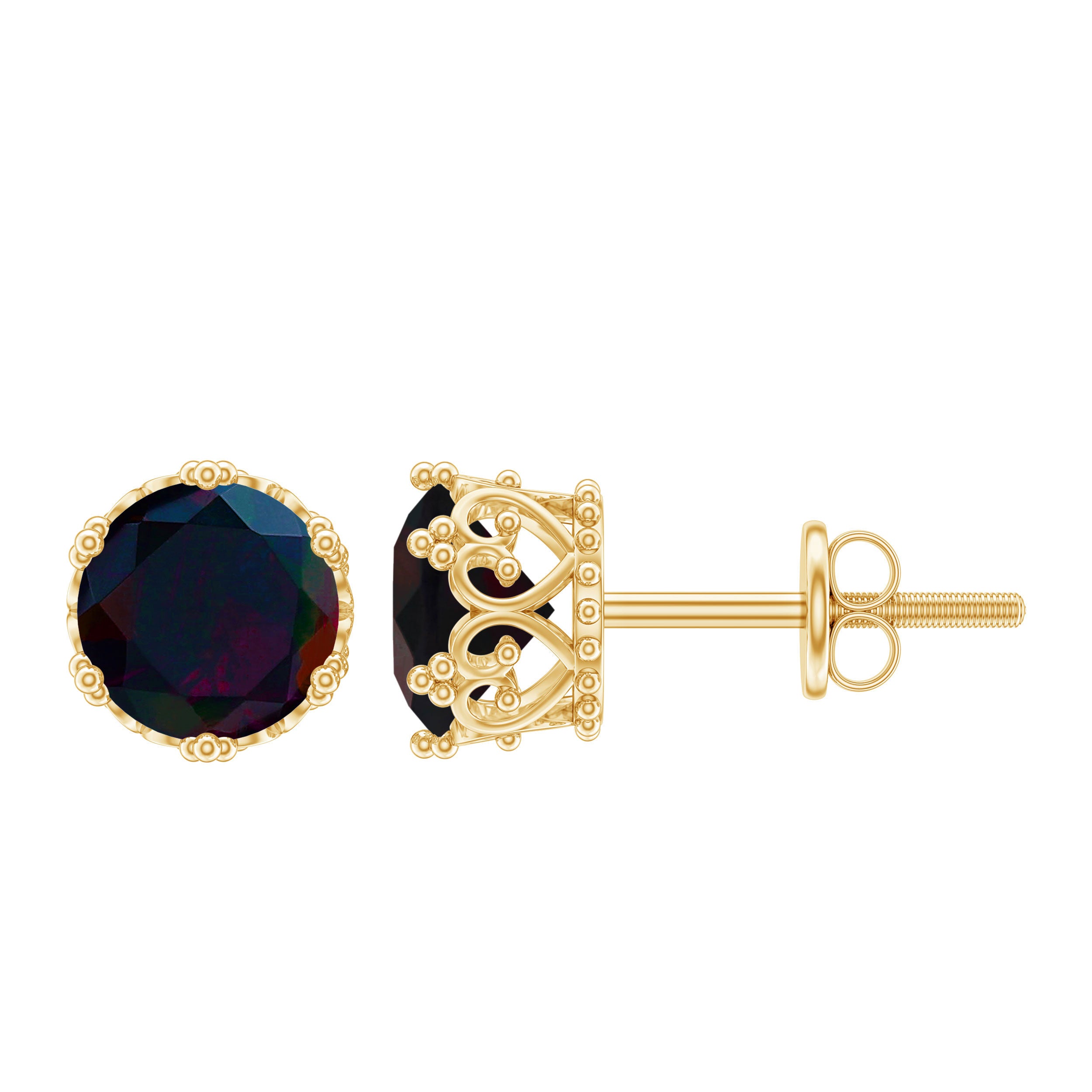 Natural Black Opal Crown Stud Earrings with Screw Back AAA - Rosec Jewels