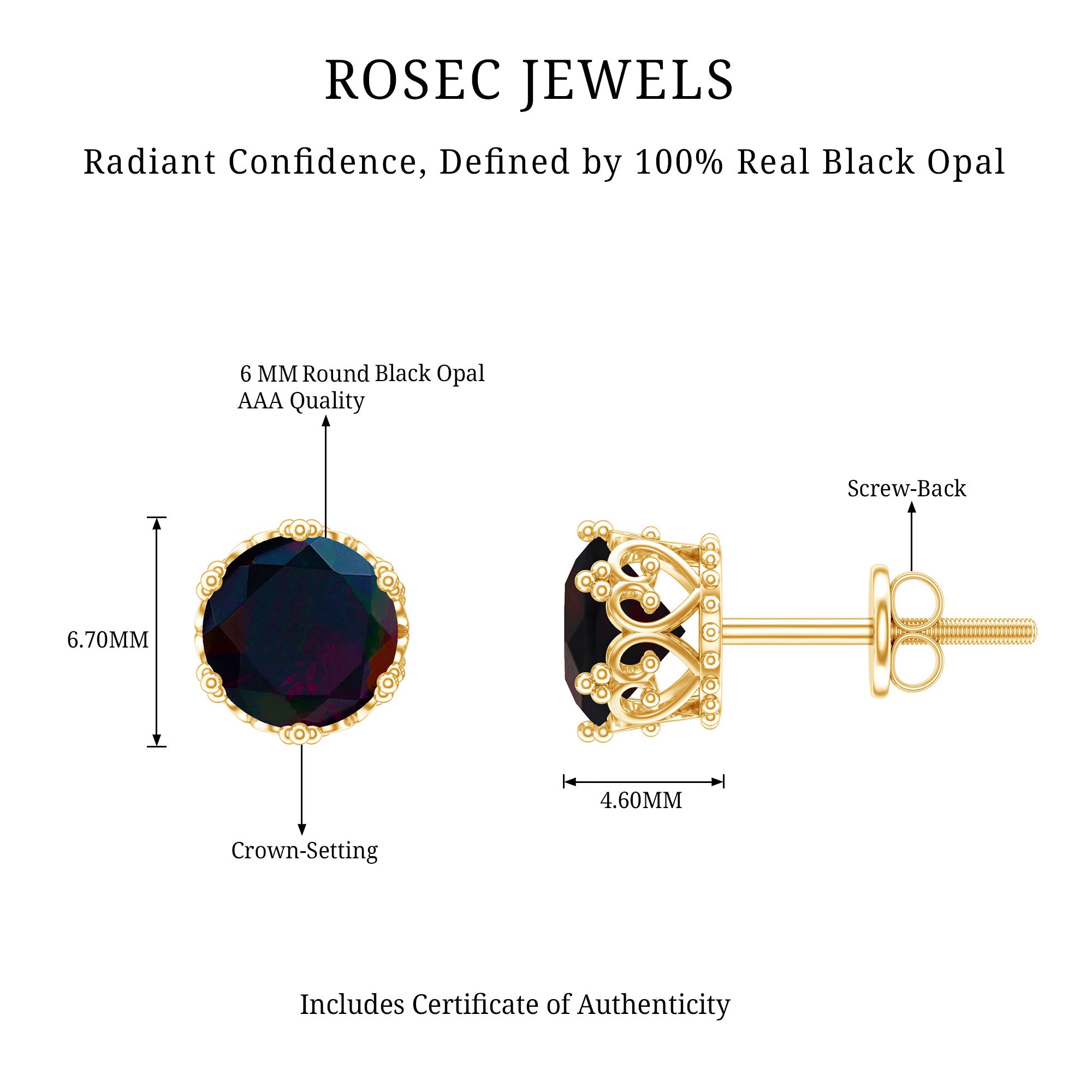 Natural Black Opal Crown Stud Earrings with Screw Back AAA - Rosec Jewels