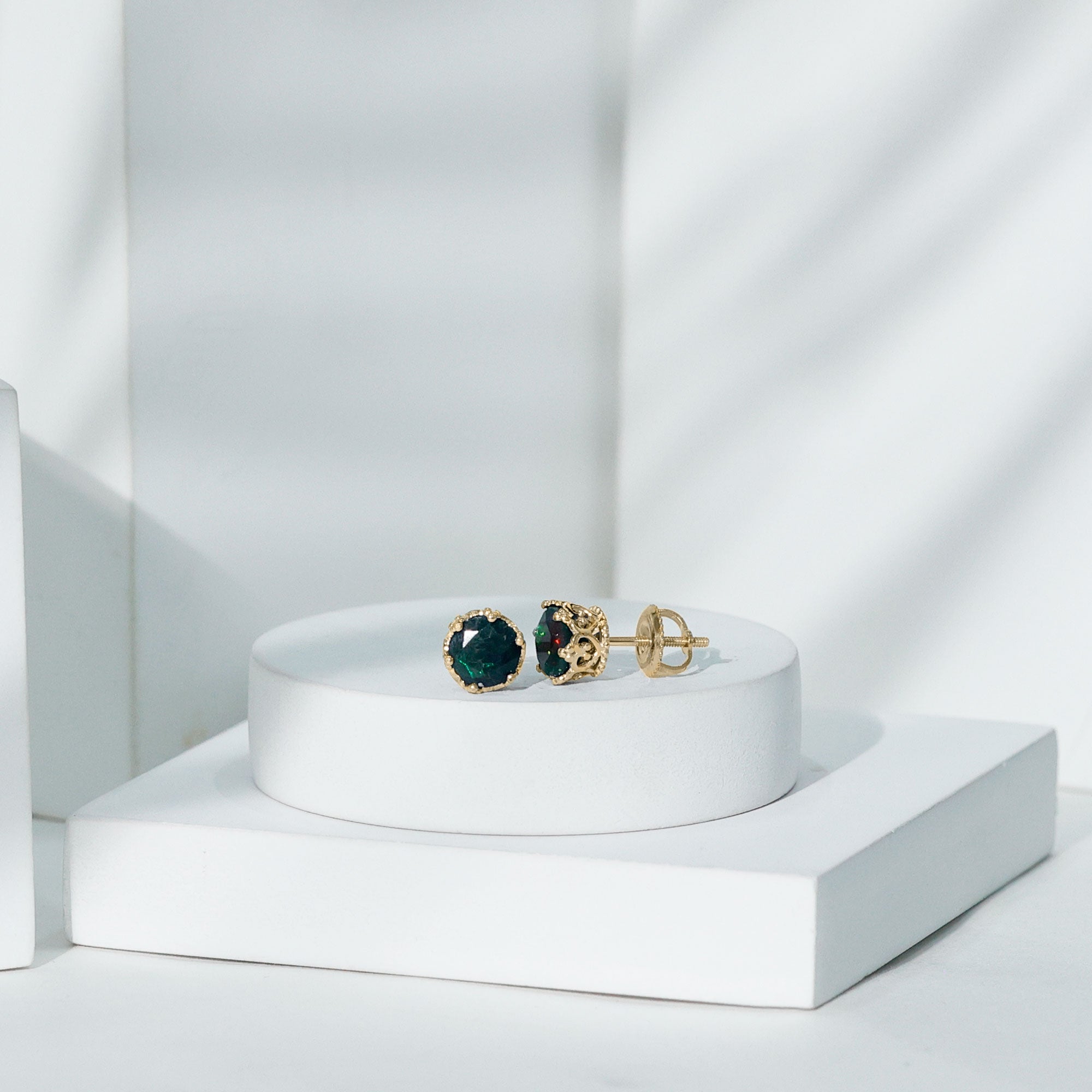Natural Black Opal Crown Stud Earrings with Screw Back AAA - Rosec Jewels