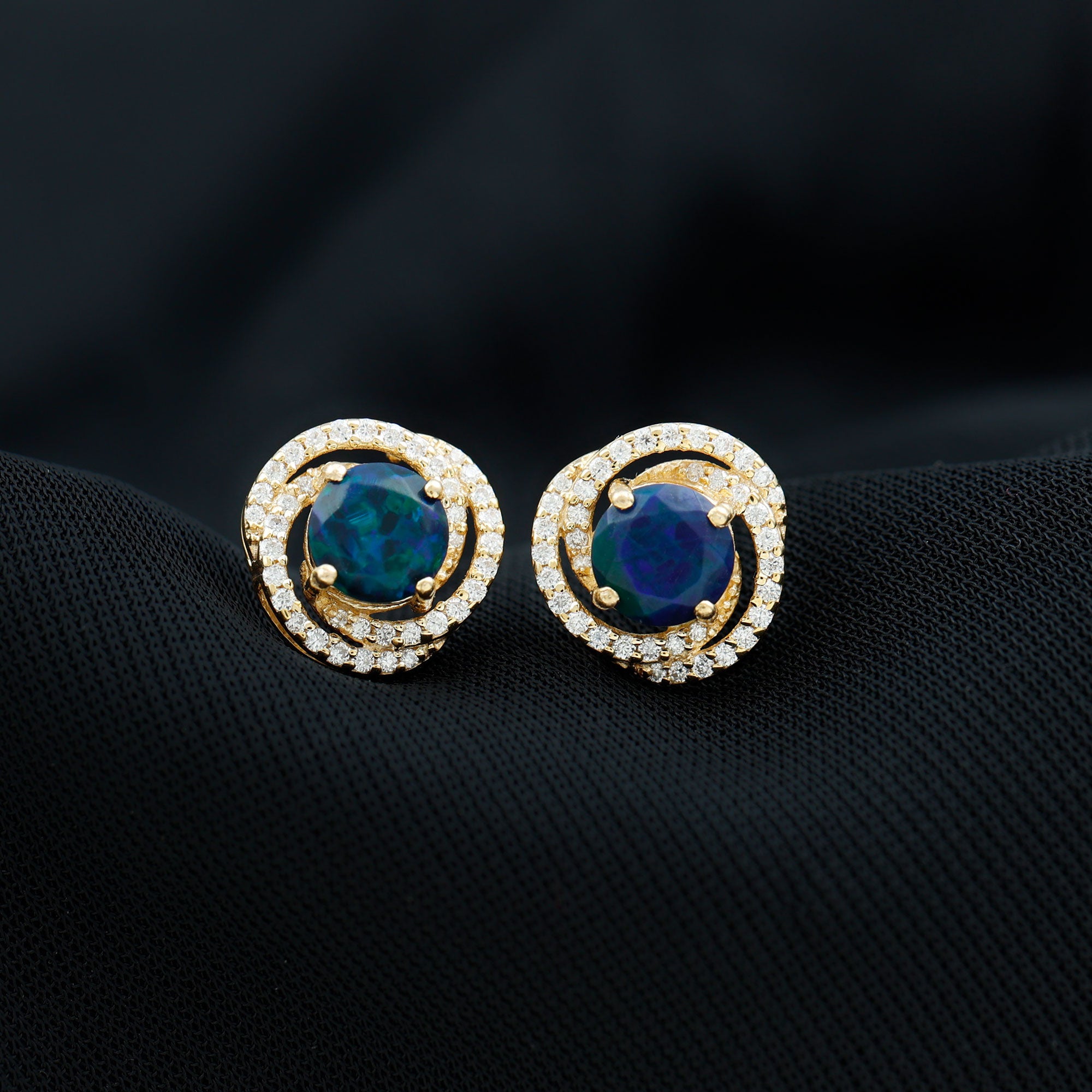 2 CT Black Opal Swirl Stud Earrings with Certificate AAA - Rosec Jewels