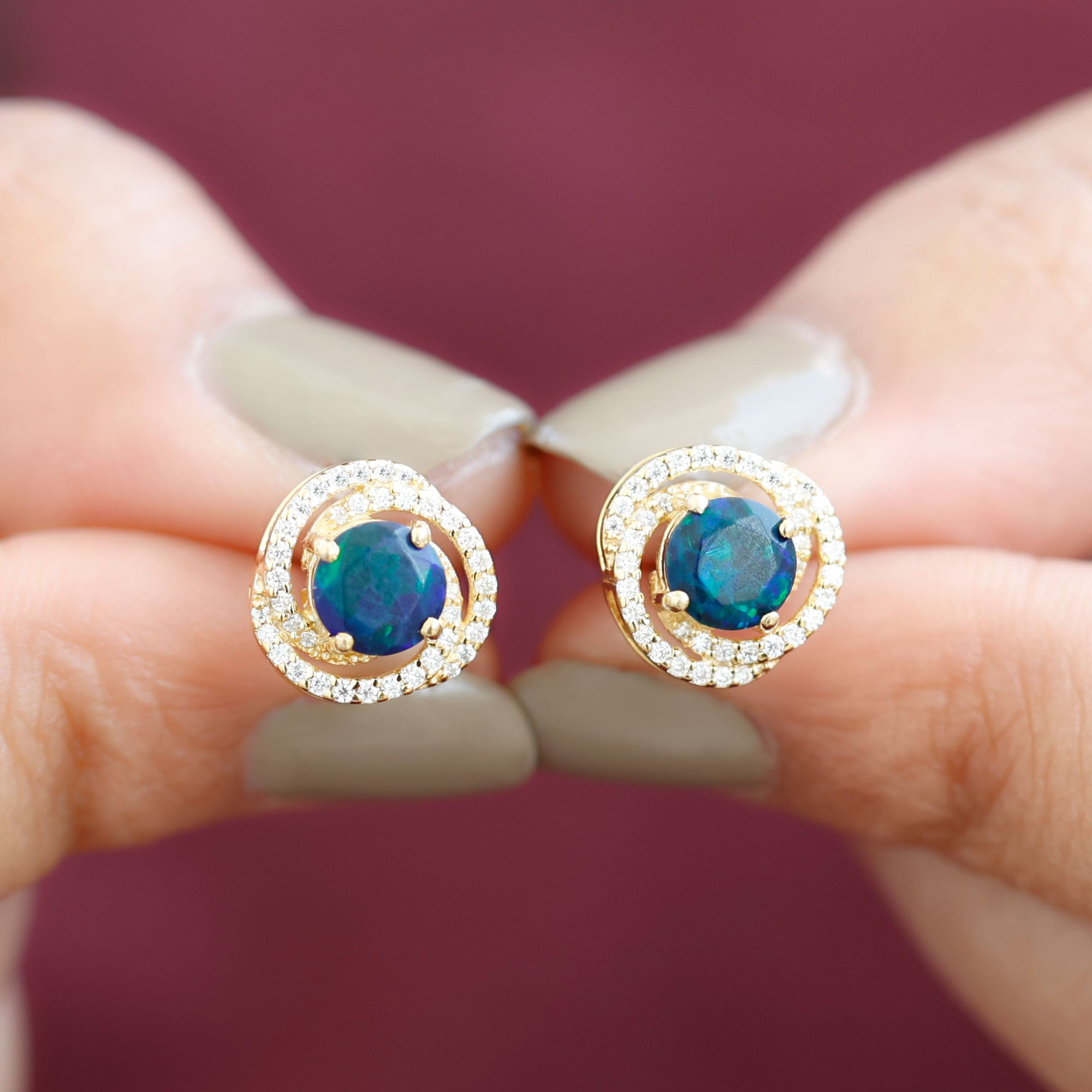 2 CT Black Opal Swirl Stud Earrings with Certificate AAA - Rosec Jewels